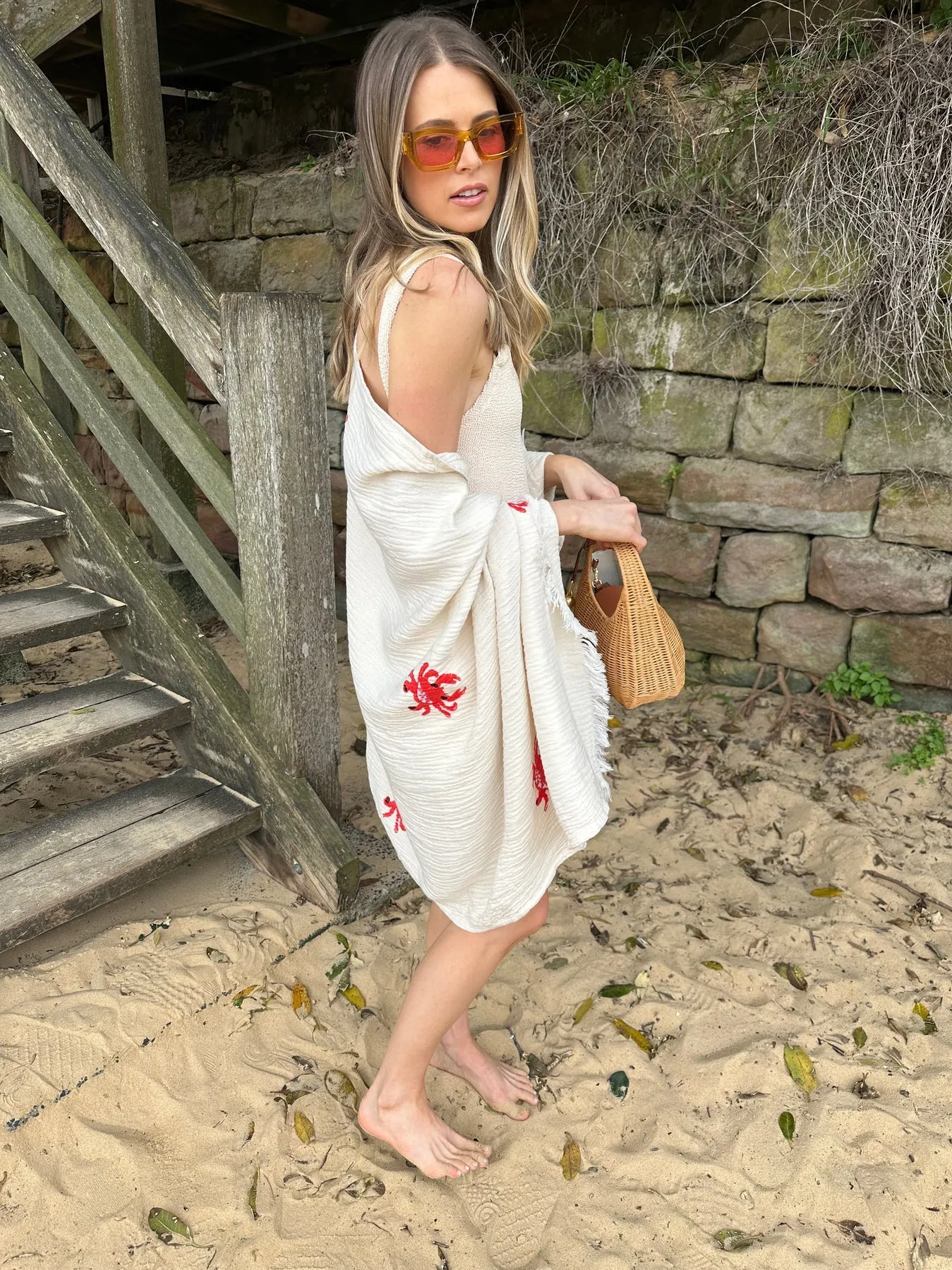 BEACH THROW -  NATURAL CRAB MOTIF - CIE CIE