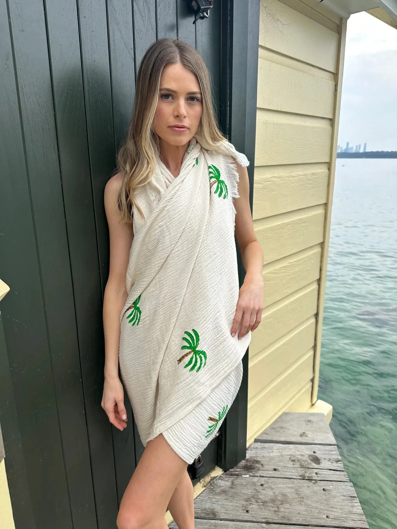 BEACH THROW - NATURAL PALM TREE MOTIF - CIE CIE