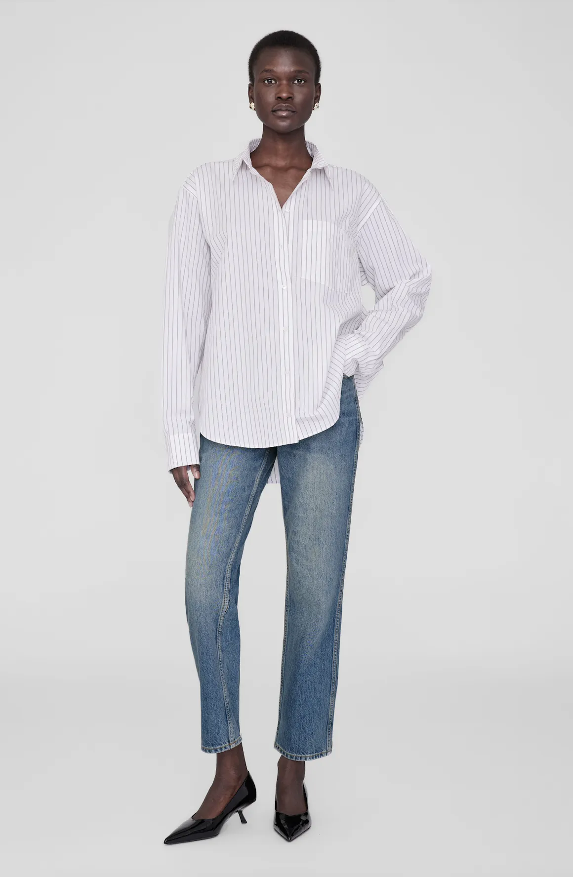 BRAXTON SHIRT - WHITE AND BORDEAUX MONOGRAM STRIPE - ANINE BING