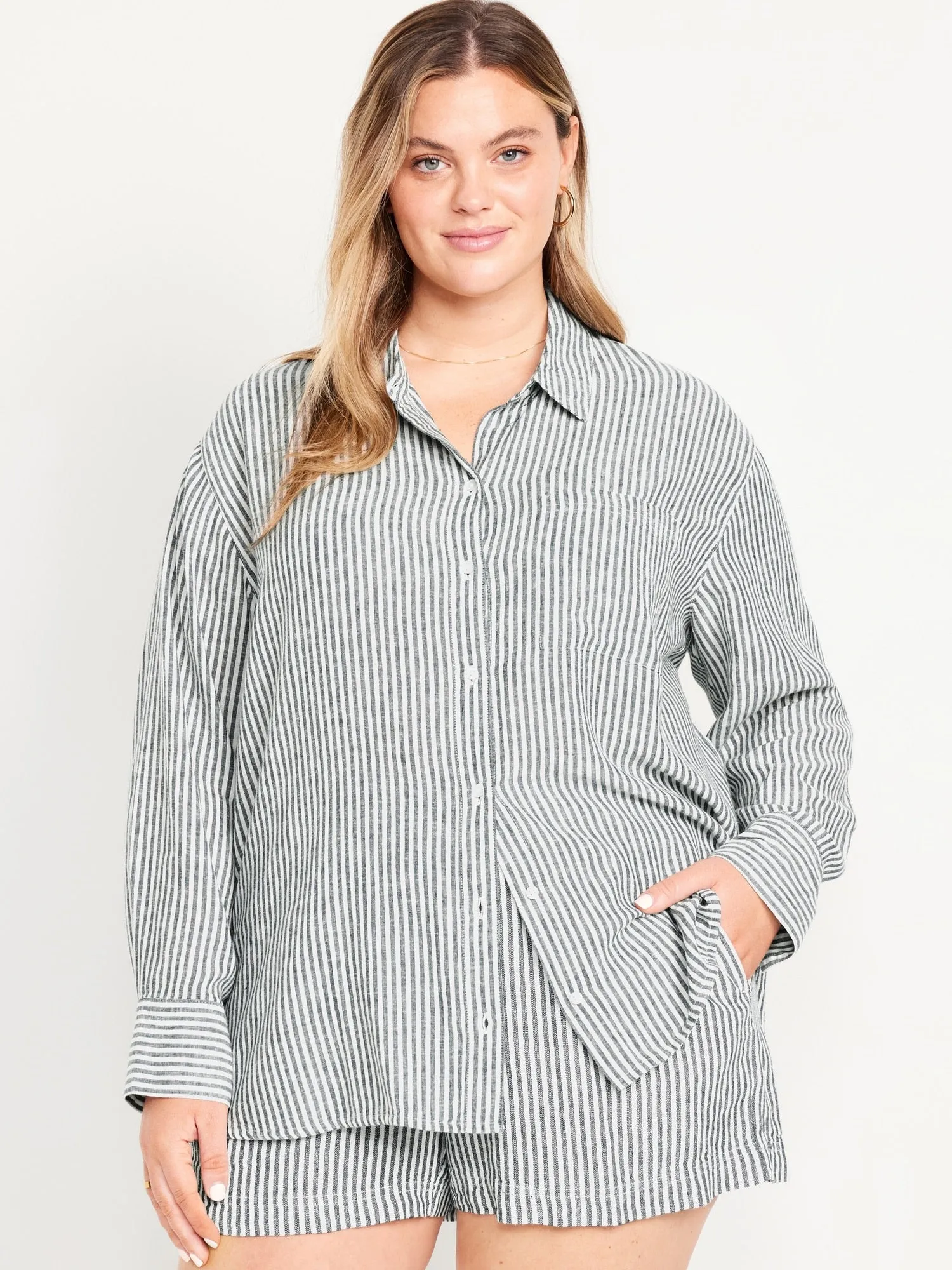 Button-Down Linen-Blend Striped Shirt