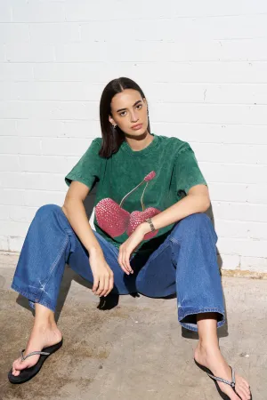 CHERRY BABY ACID WASH OVERSIZE TEE - DARK GREEN - MAKU