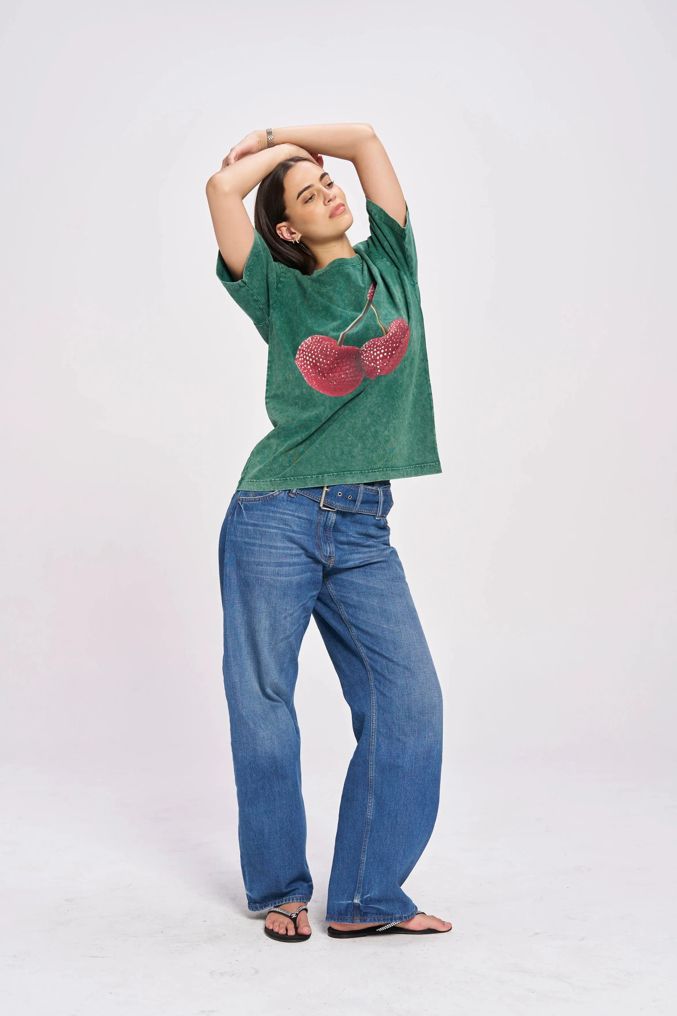 CHERRY BABY ACID WASH OVERSIZE TEE - DARK GREEN - MAKU