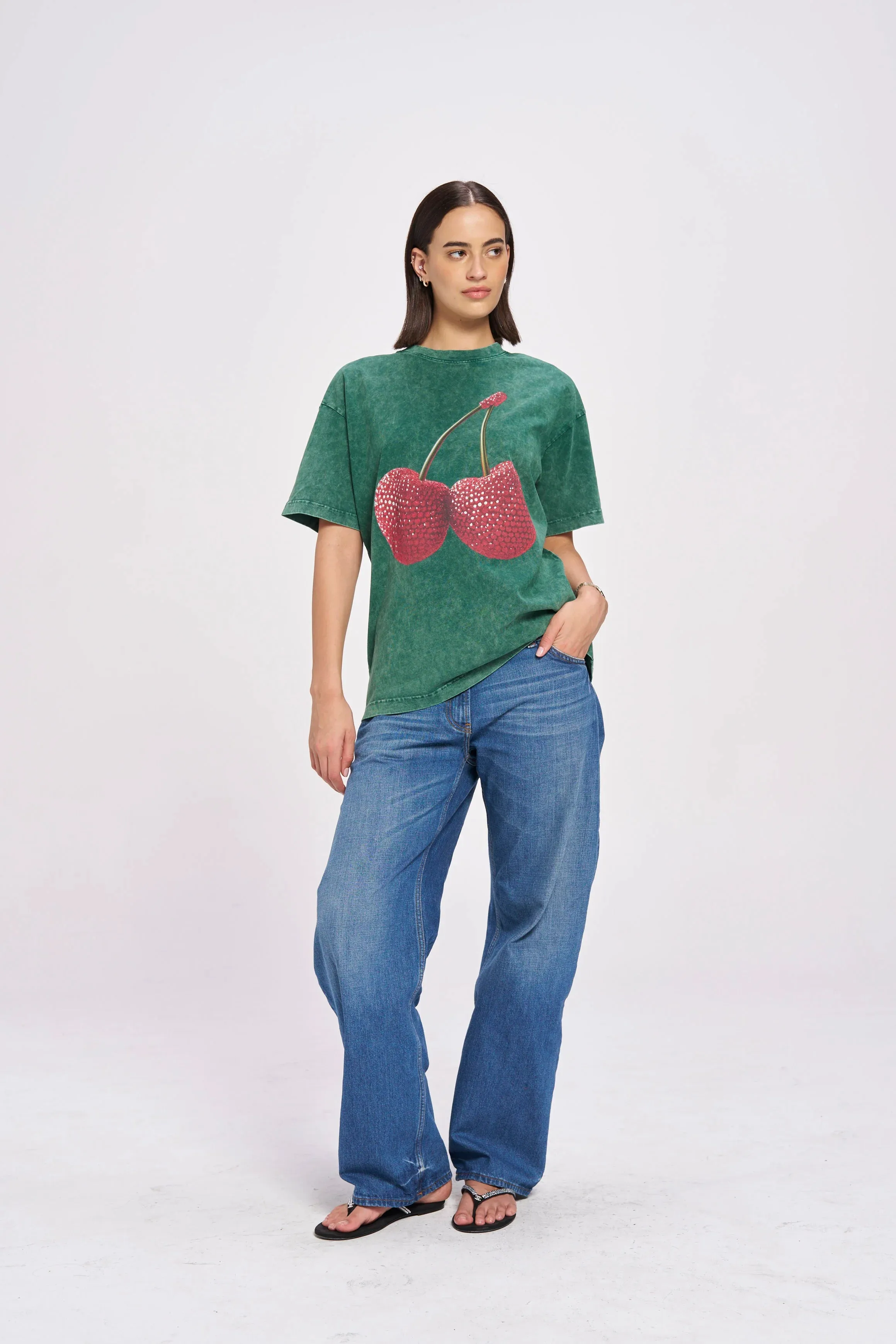 CHERRY BABY ACID WASH OVERSIZE TEE - DARK GREEN - MAKU