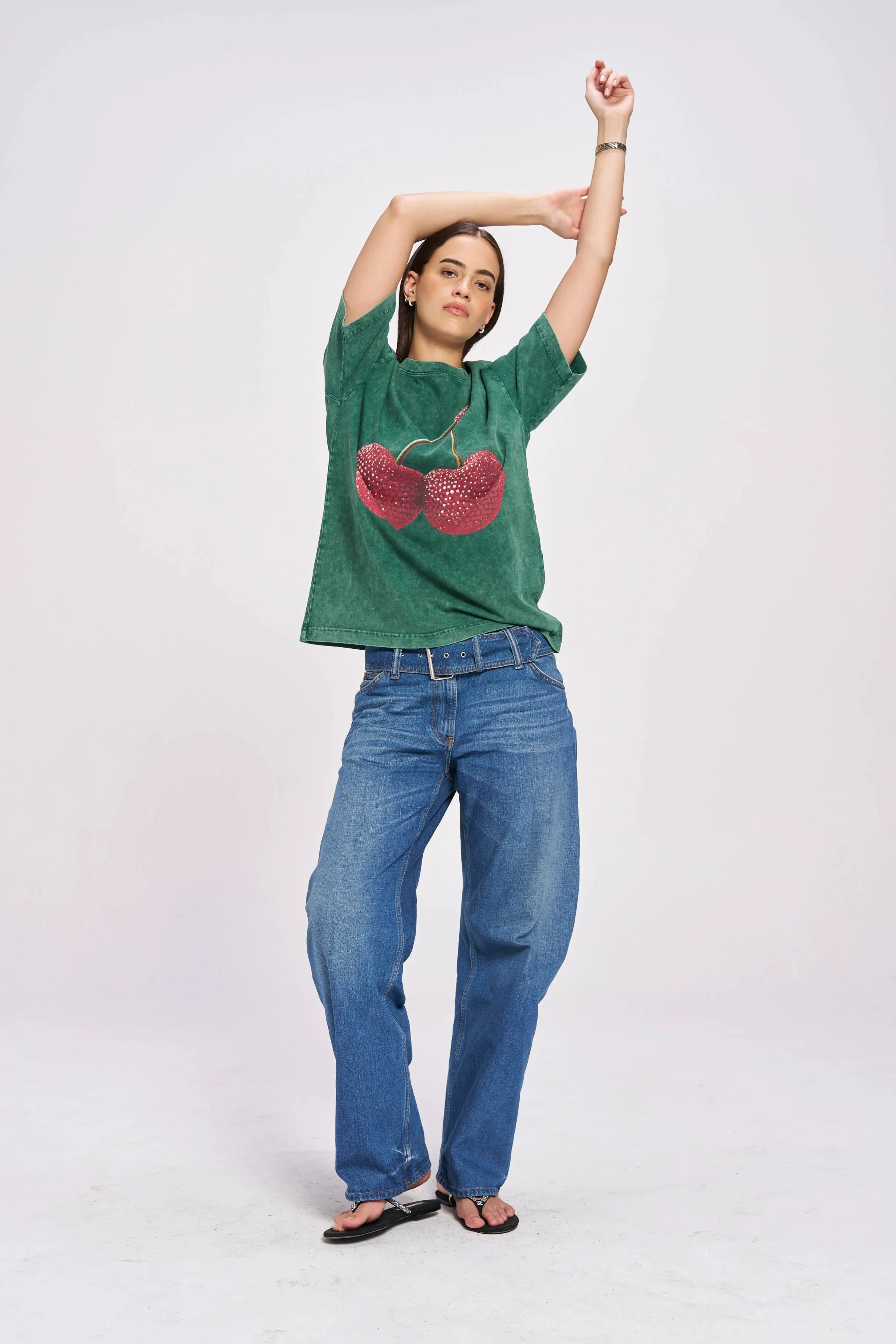 CHERRY BABY ACID WASH OVERSIZE TEE - DARK GREEN - MAKU