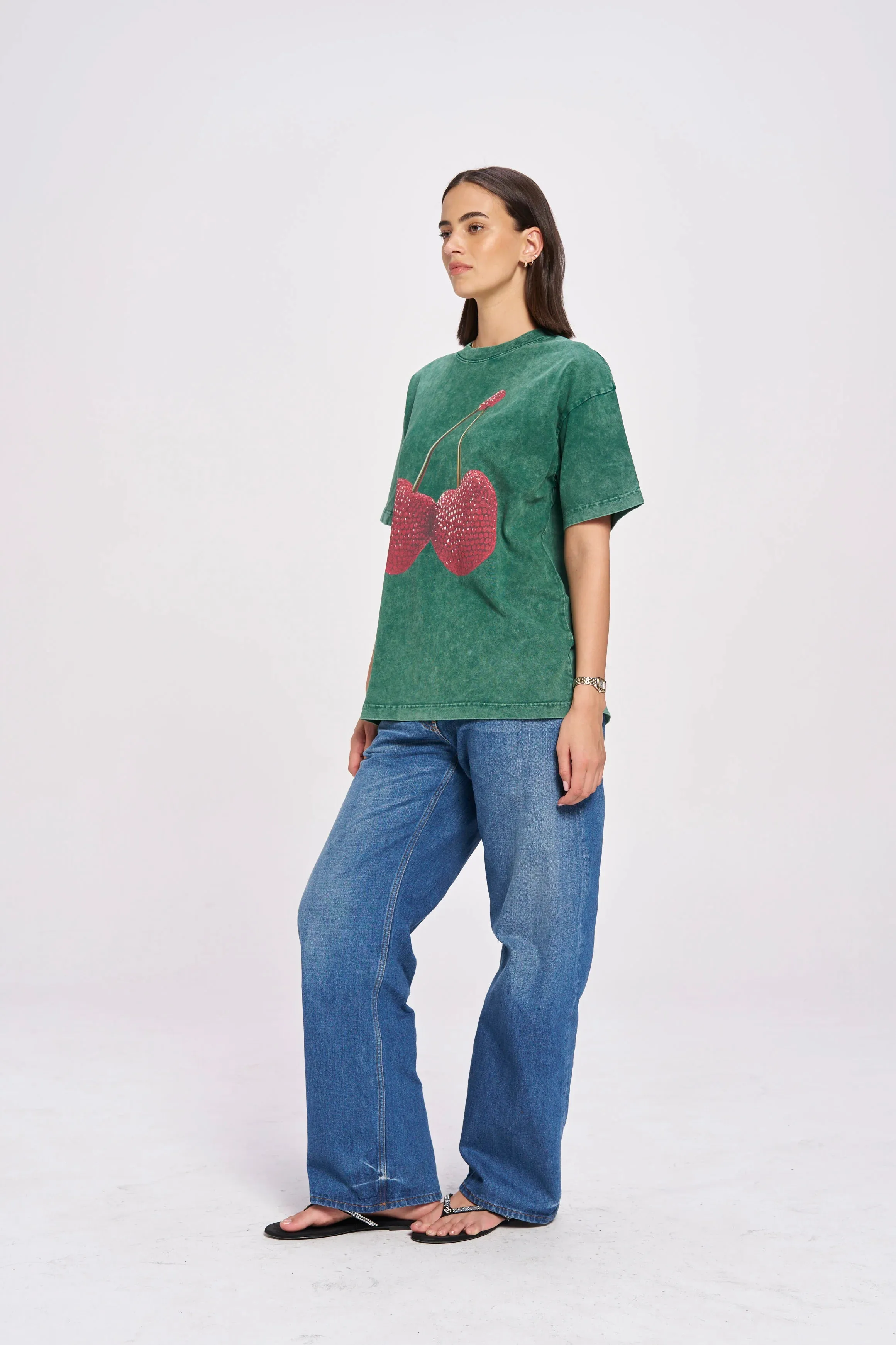 CHERRY BABY ACID WASH OVERSIZE TEE - DARK GREEN - MAKU