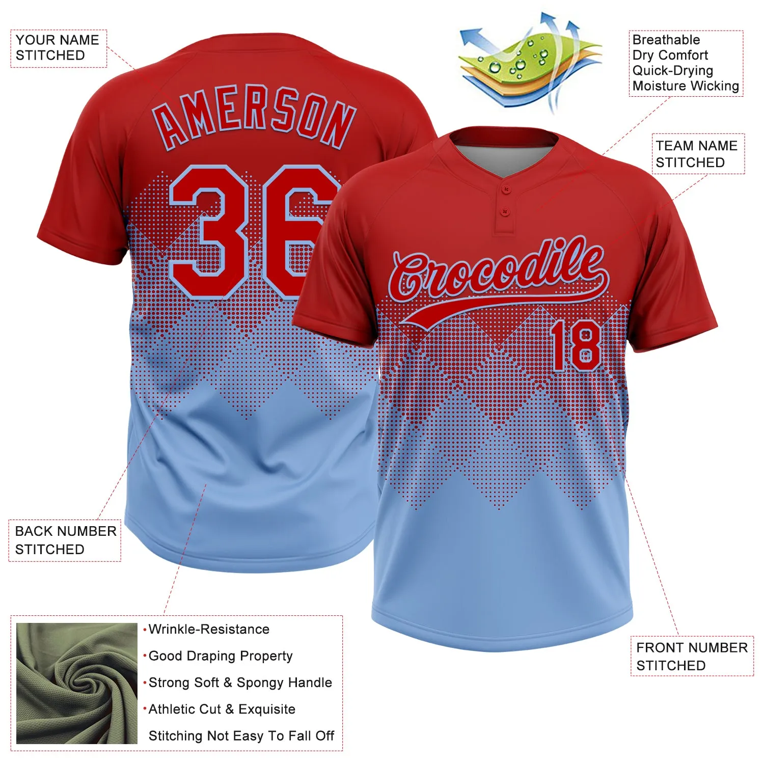 Custom Red Light Blue 3D Gradient Square Shape Two-Button Unisex Softball Jersey