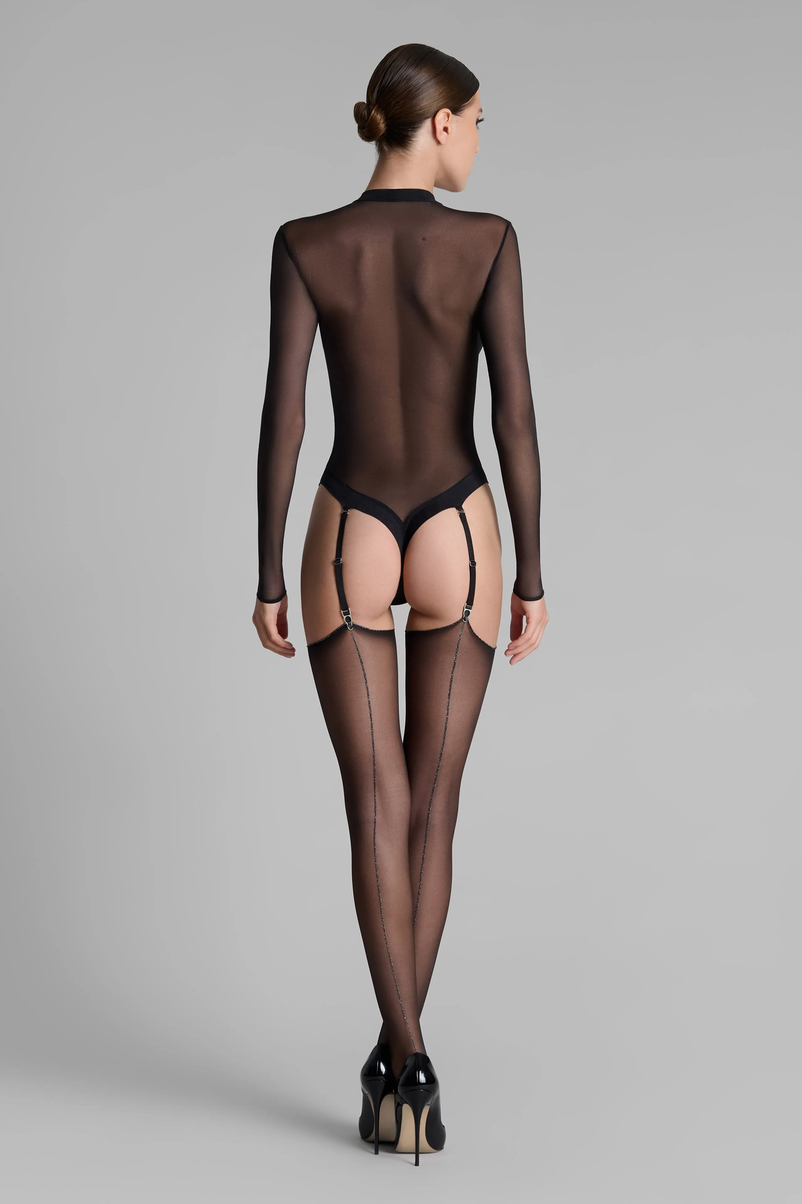 Cut and curled lurex back seamed stockings 20D - Black/Silver - Les Coquetteries Maison Close