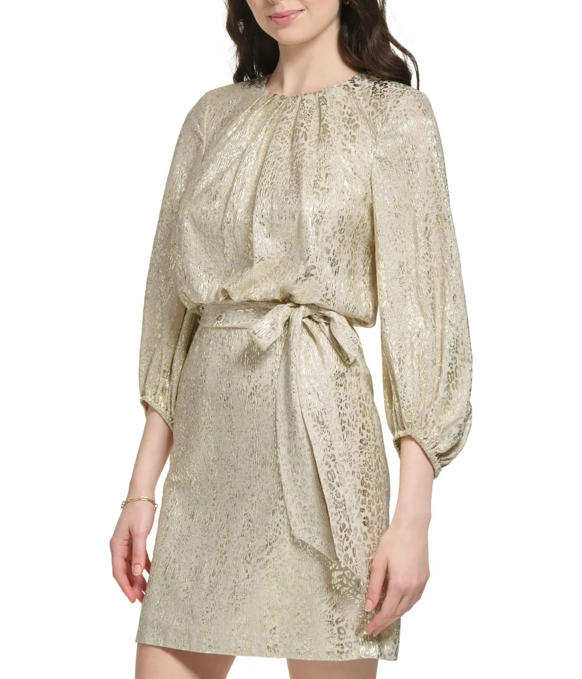 Doorbuster Longsleeve Pleated Neck Blouson Dress Champagne  Stylish & Comfortable