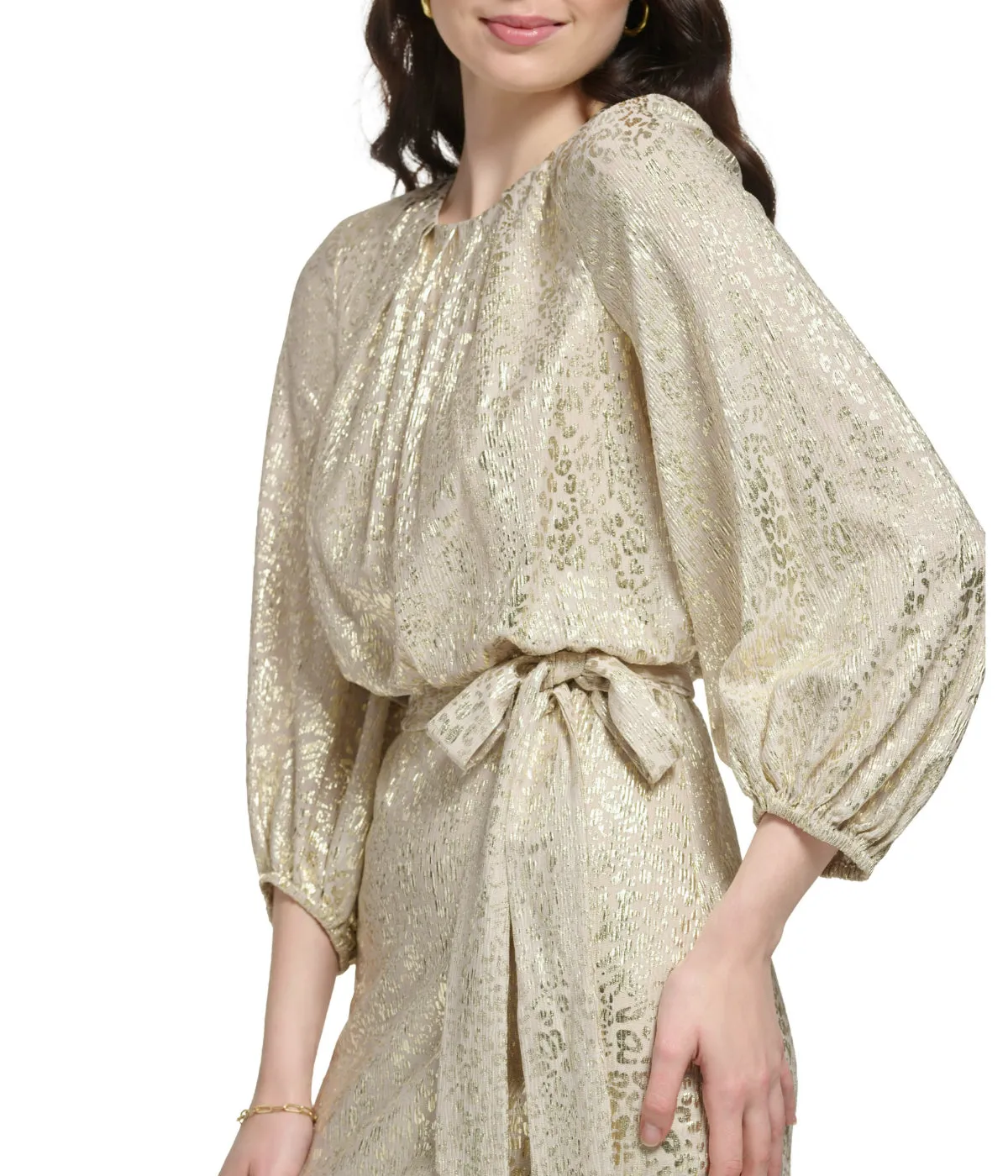 Doorbuster Longsleeve Pleated Neck Blouson Dress Champagne  Stylish & Comfortable