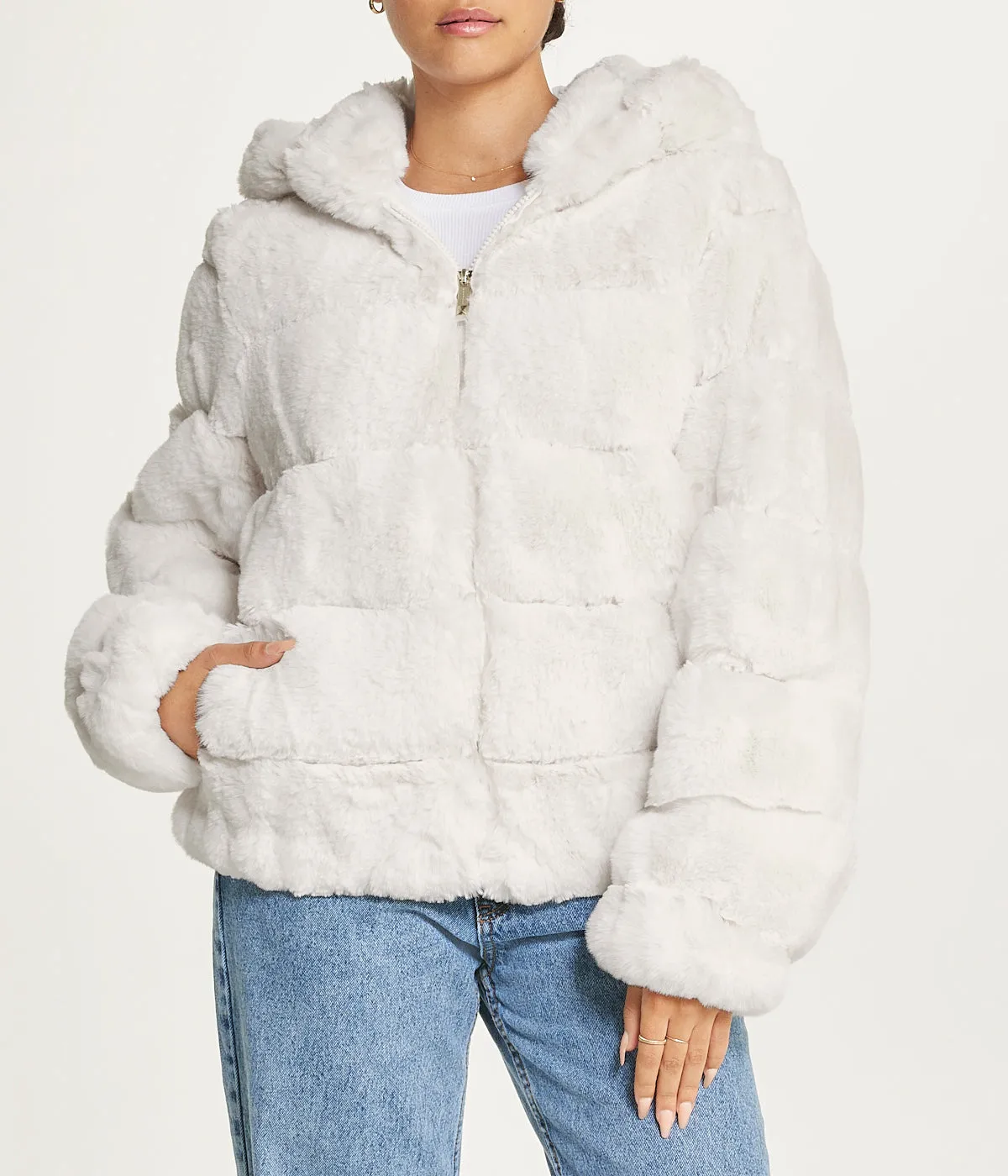 Editors Choice Short Faux Fur With Hood Ivory  Almost Sold Out!
