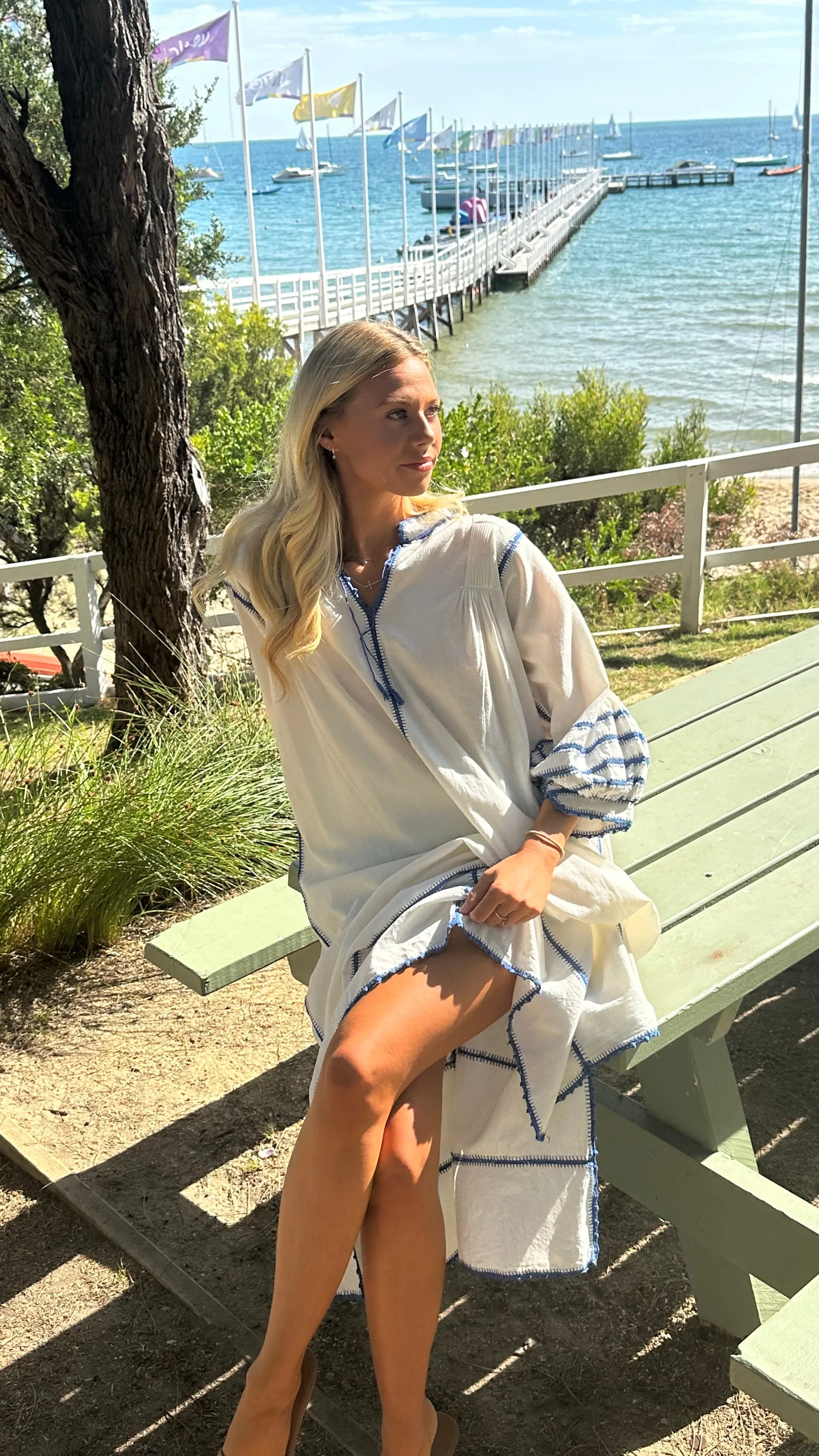 ESPANOLA DRESS LONG SLEEVE - CREAM / CORNFLOWER CROCHET - LAS NINAS
