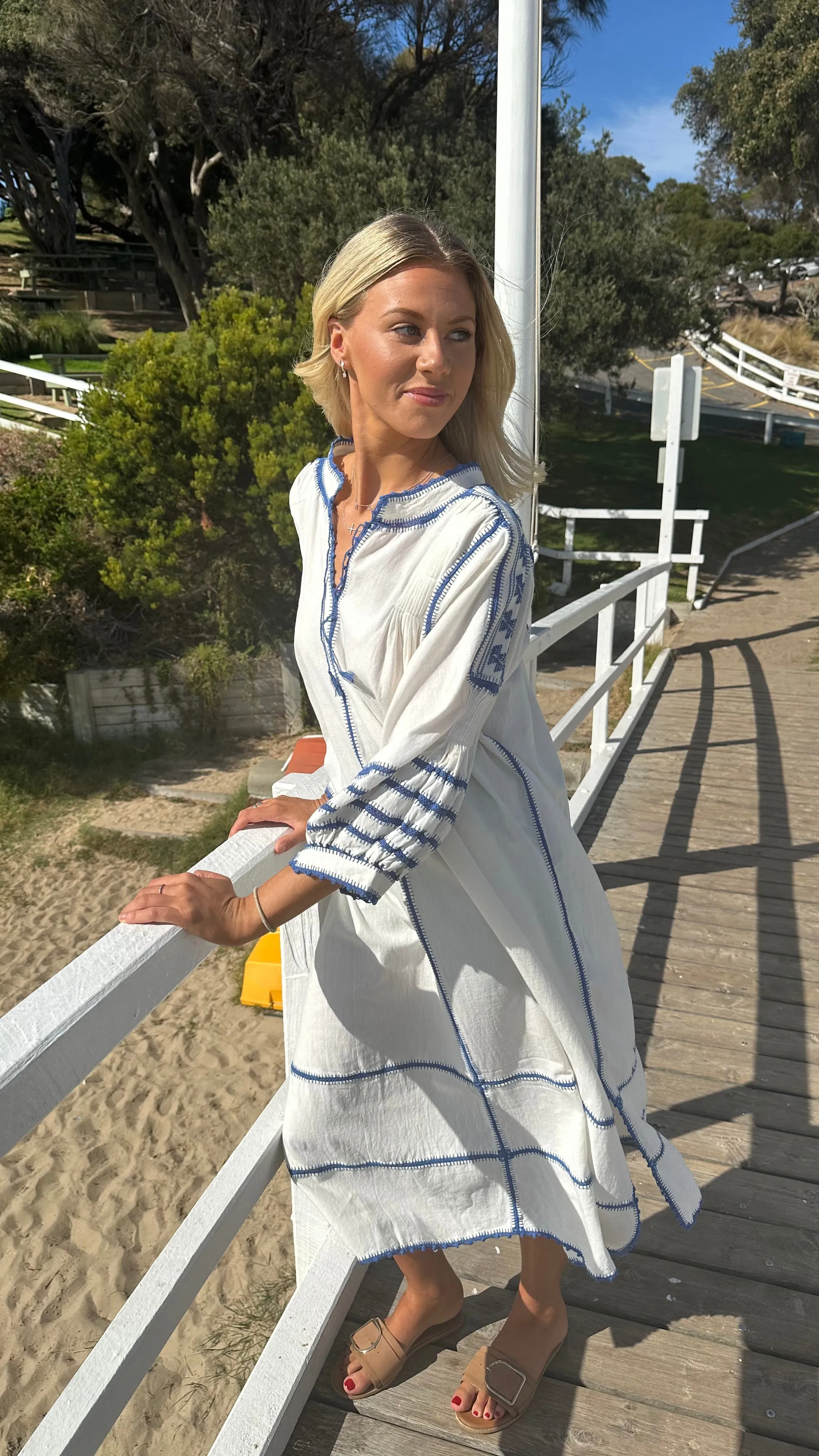 ESPANOLA DRESS LONG SLEEVE - CREAM / CORNFLOWER CROCHET - LAS NINAS