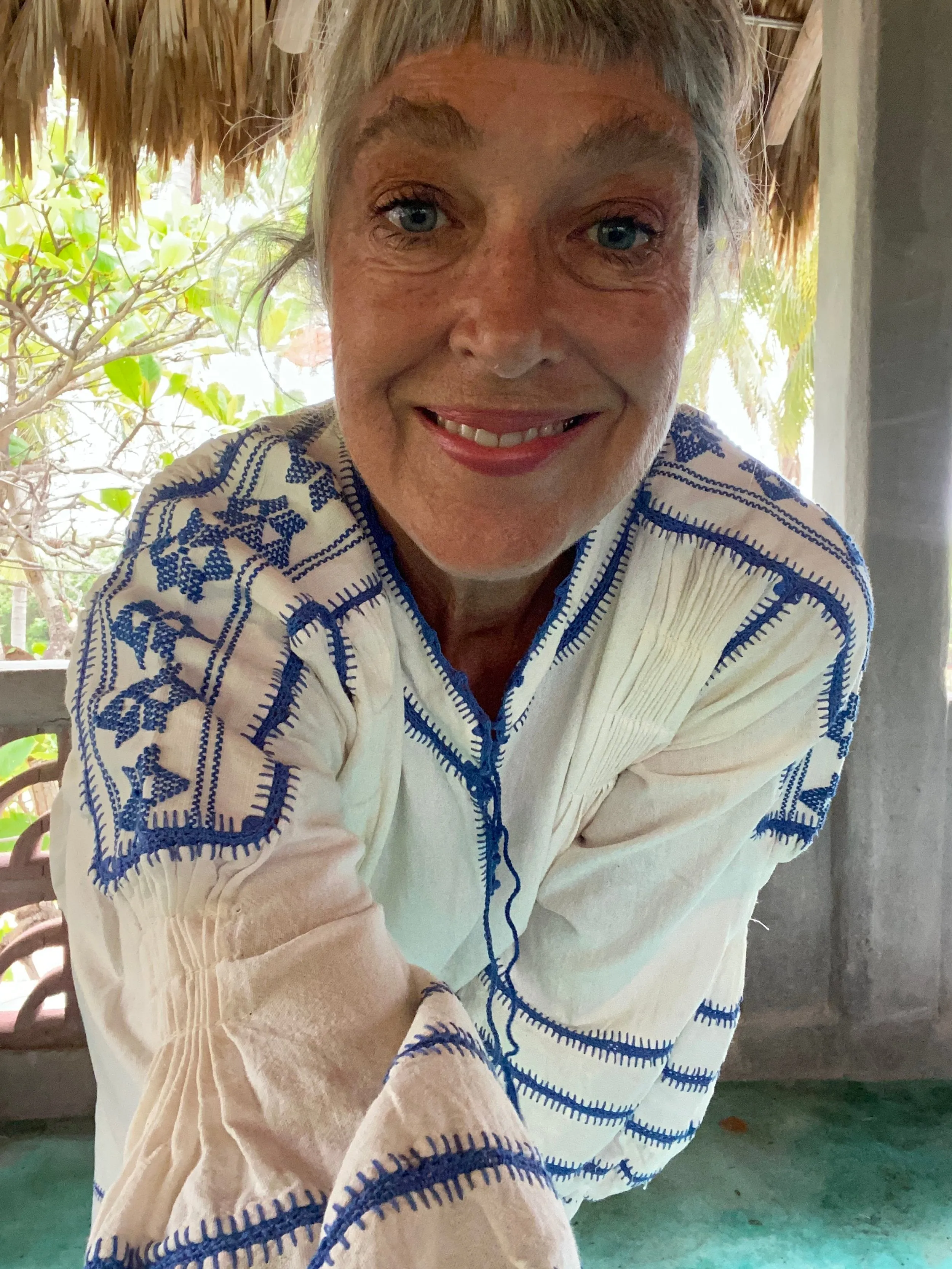 ESPANOLA DRESS LONG SLEEVE - CREAM / CORNFLOWER CROCHET - LAS NINAS