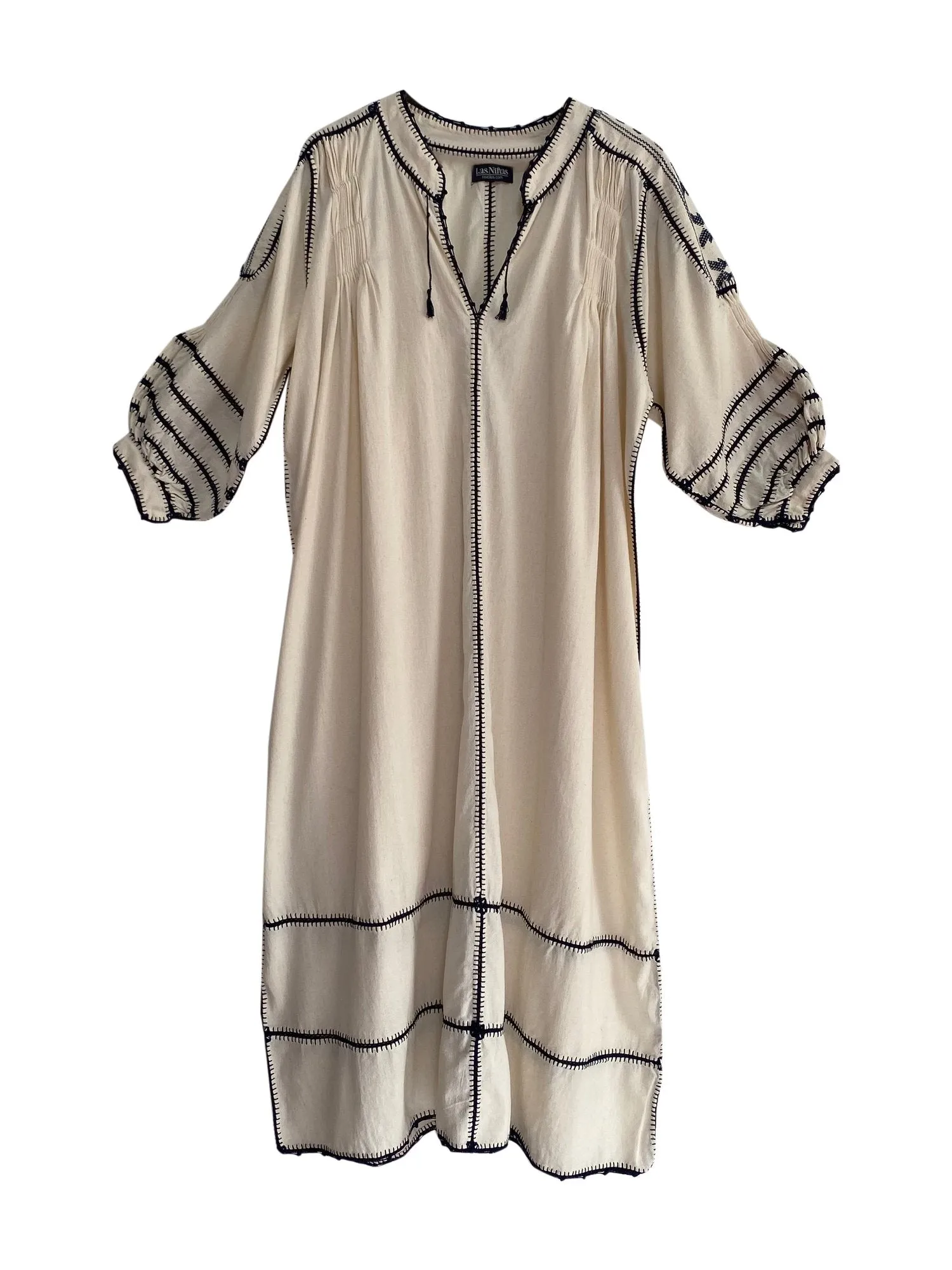 2025 FASHION TRENDS FOR WOMEN ESPANOLA DRESS LONG SLEEVE - CREAM / NAVY CROCHET - LAS NINAS