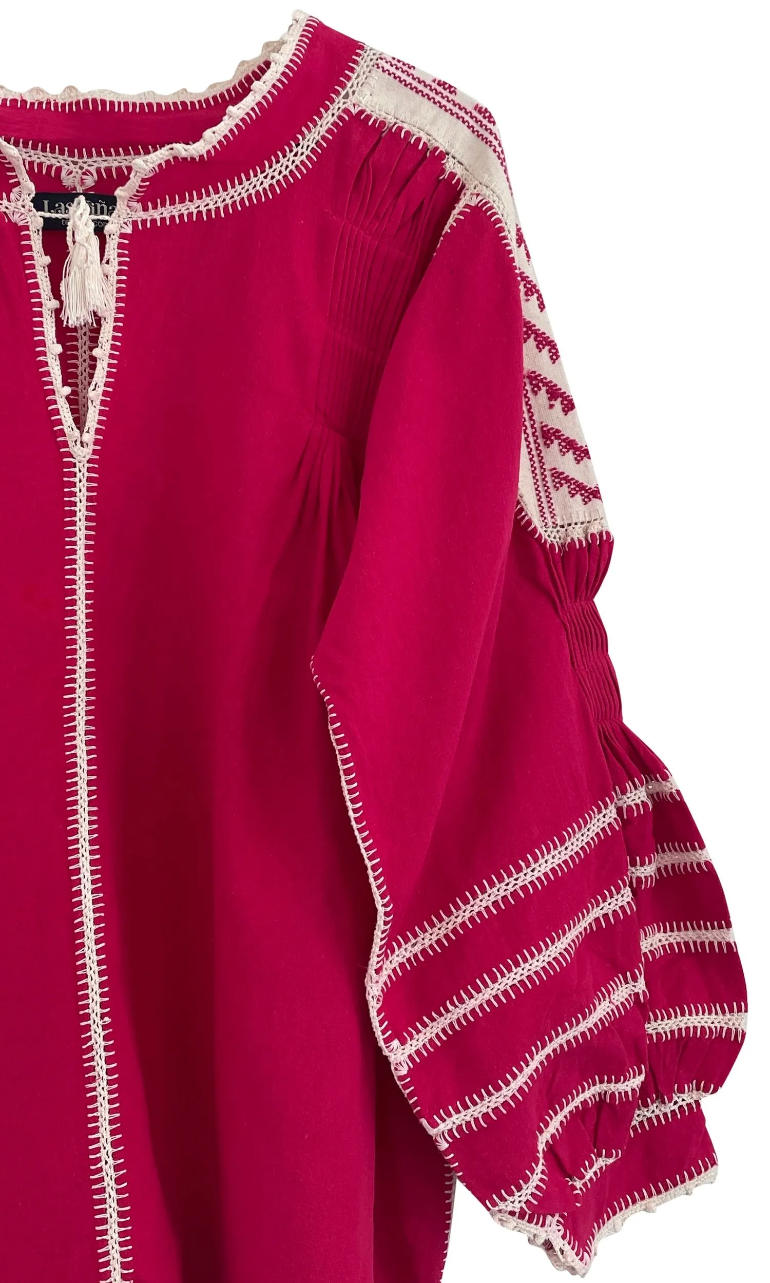 ESPANOLA DRESS LONG SLEEVE - HOT PINK  / CREAM CROCHET - LAS NINAS