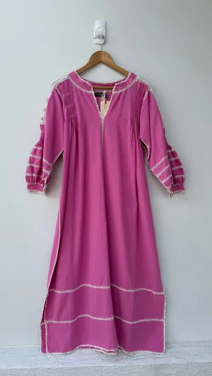 2025 FASHION TRENDS FOR WOMEN ESPANOLA DRESS LONG SLEEVE - HOT PINK  / CREAM CROCHET - LAS NINAS