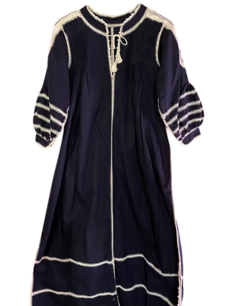 2025 FASHION TRENDS FOR WOMEN ESPANOLA  DRESS LONG SLEEVE  - NAVY / CREAM CROCHET - LAS NINAS