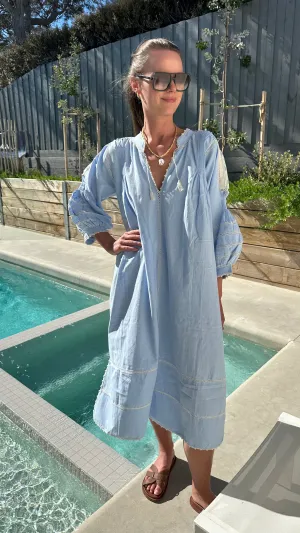 ESPANOLA DRESS LONG SLEEVE - PALE BLUE / CAFE CROCHET - LAS NINAS