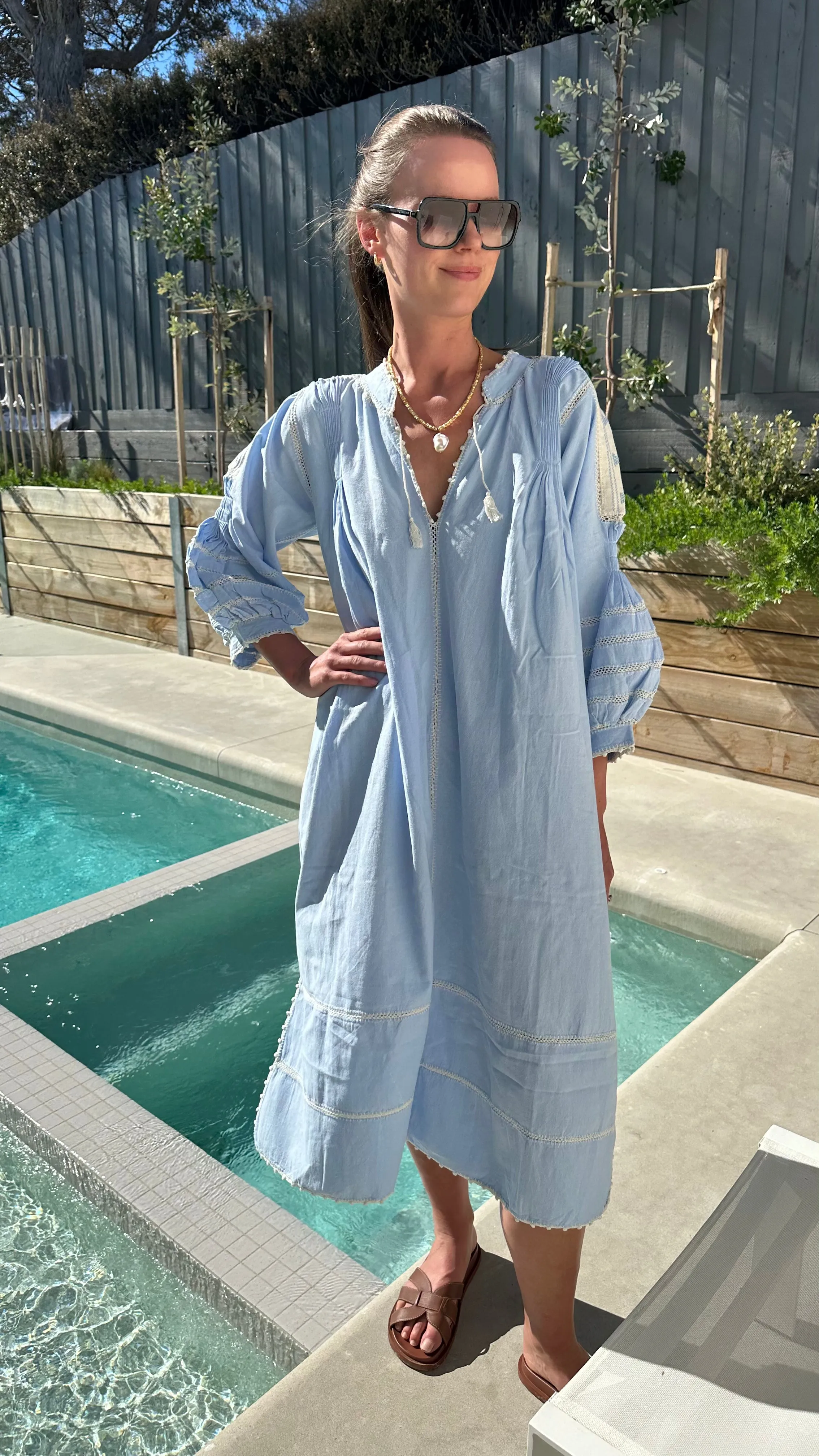 ESPANOLA DRESS LONG SLEEVE - PALE BLUE / CAFE CROCHET - LAS NINAS