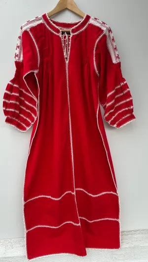 ESPANOLA DRESS LONG SLEEVE - RED  / CREAM CROCHET - LAS NINAS