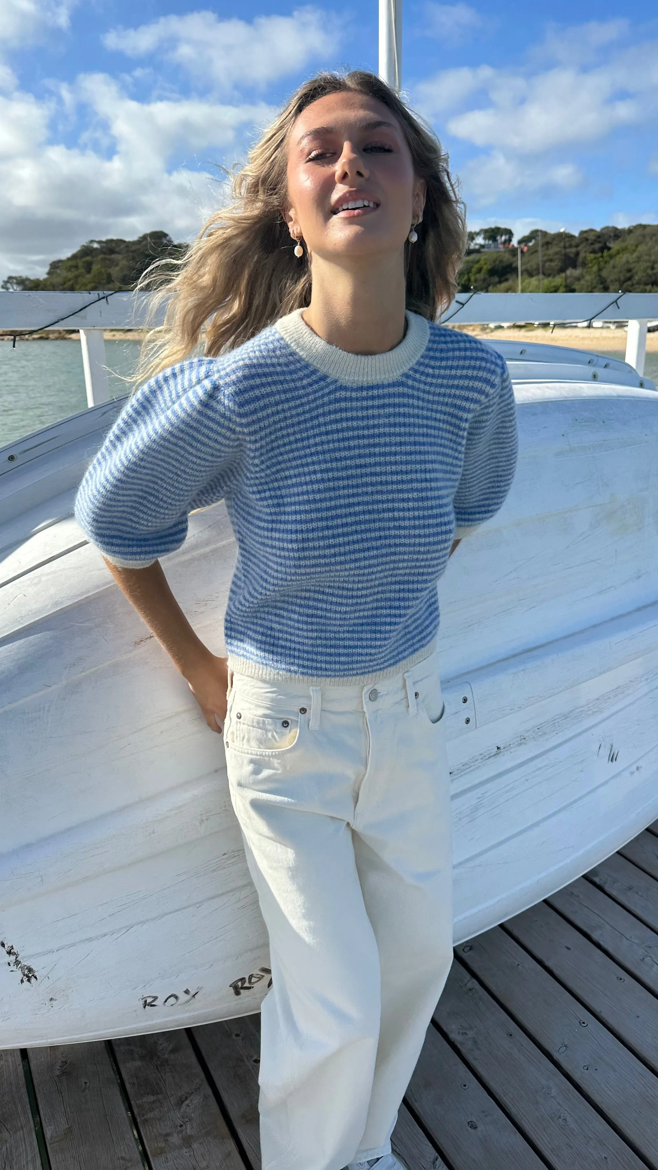 FEDERICA ALPACA PUFF SLEEVE PULLOVER - JEANS BLUE / OFF WHITE STRIPED - LES TRICOTS D'O