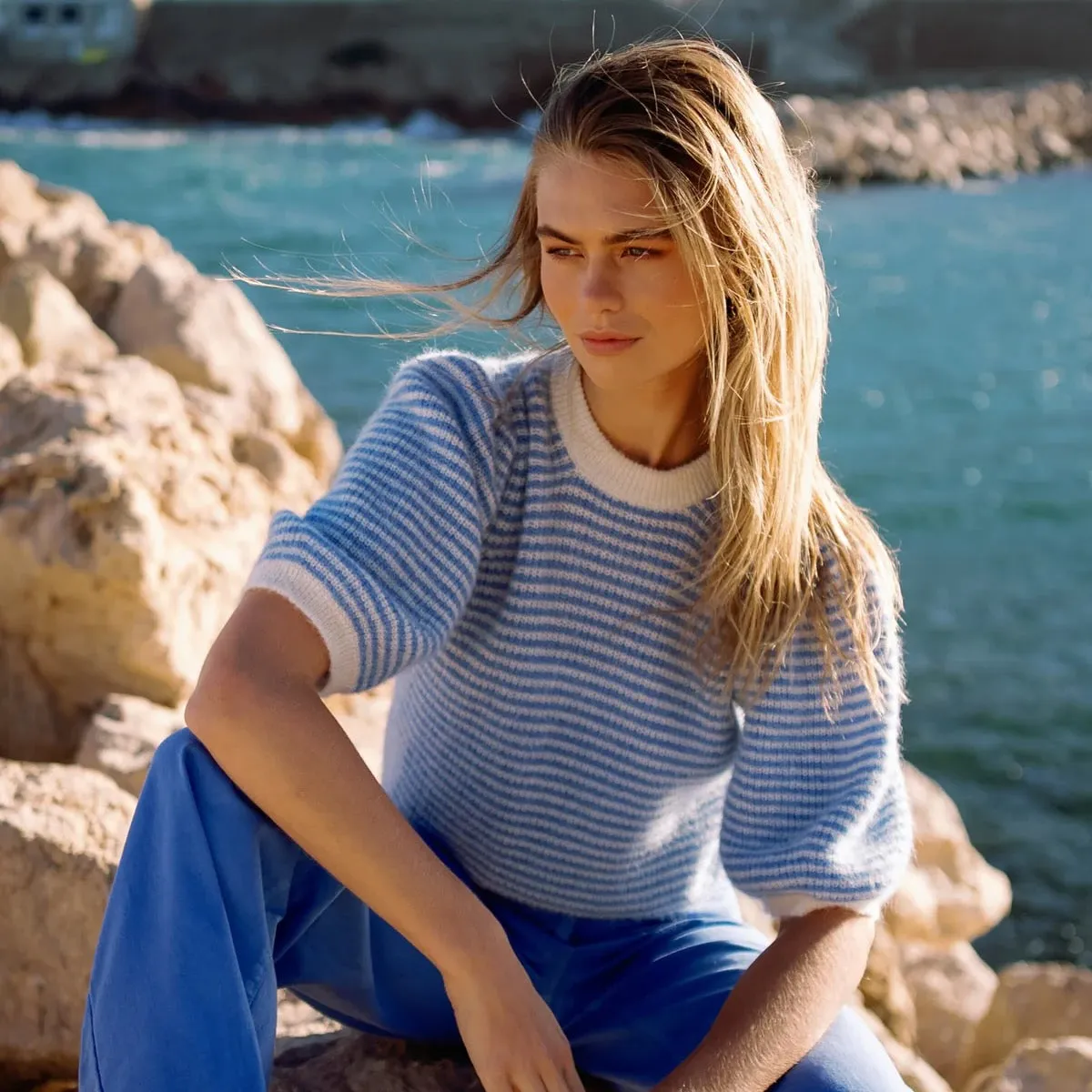 FEDERICA ALPACA PUFF SLEEVE PULLOVER - JEANS BLUE / OFF WHITE STRIPED - LES TRICOTS D'O
