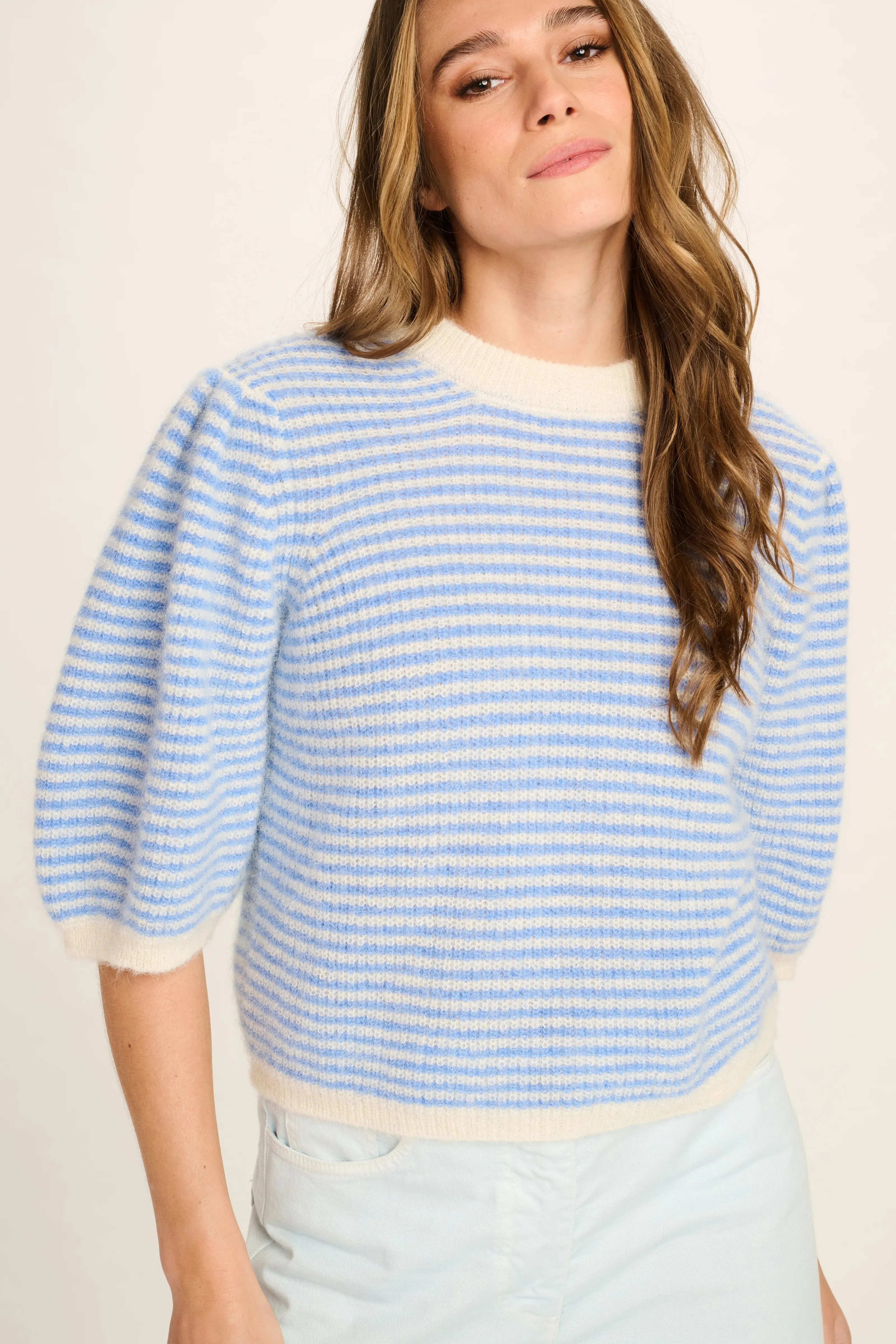 FEDERICA ALPACA PUFF SLEEVE PULLOVER - JEANS BLUE / OFF WHITE STRIPED - LES TRICOTS D'O