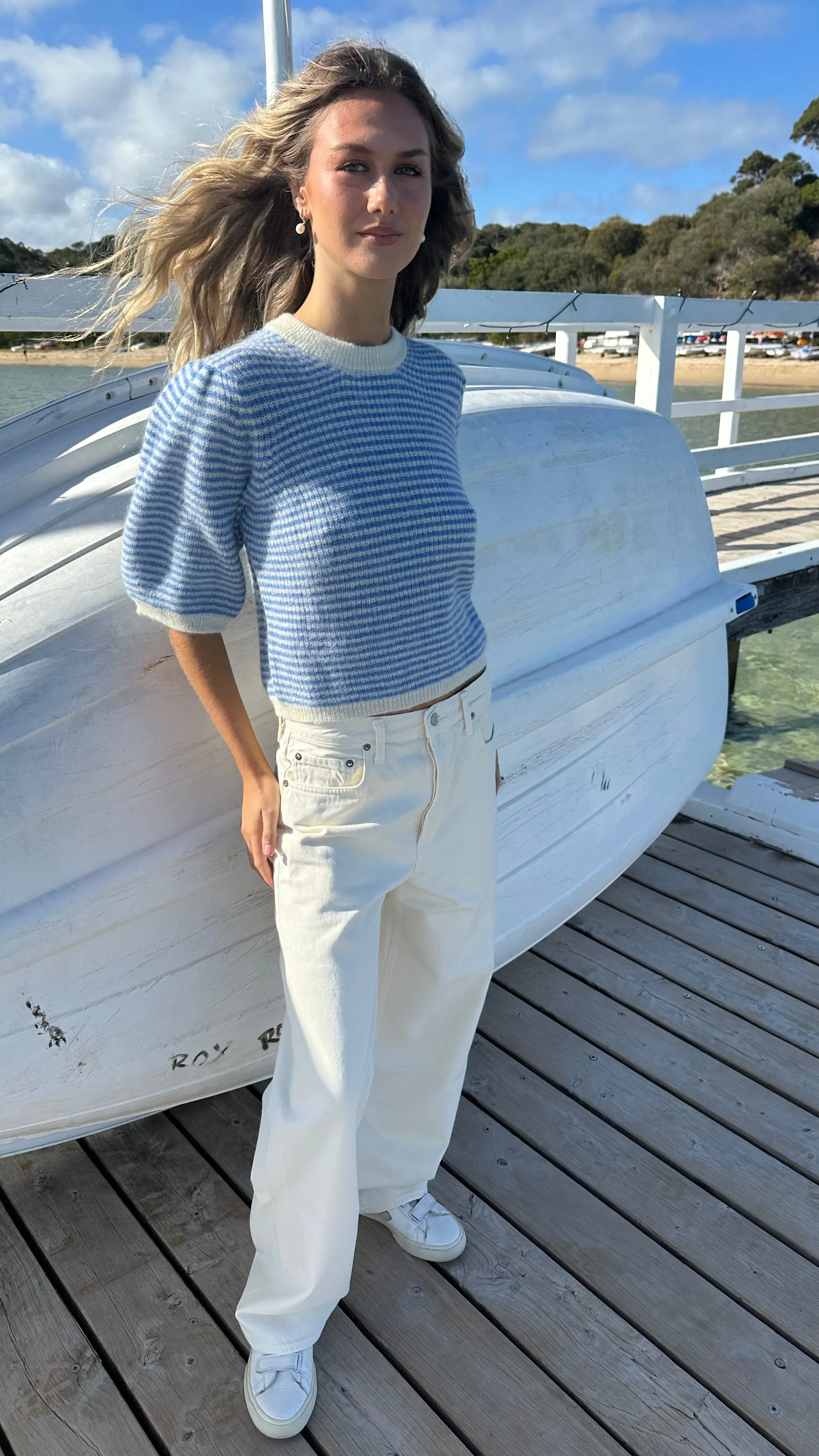 FEDERICA ALPACA PUFF SLEEVE PULLOVER - JEANS BLUE / OFF WHITE STRIPED - LES TRICOTS D'O