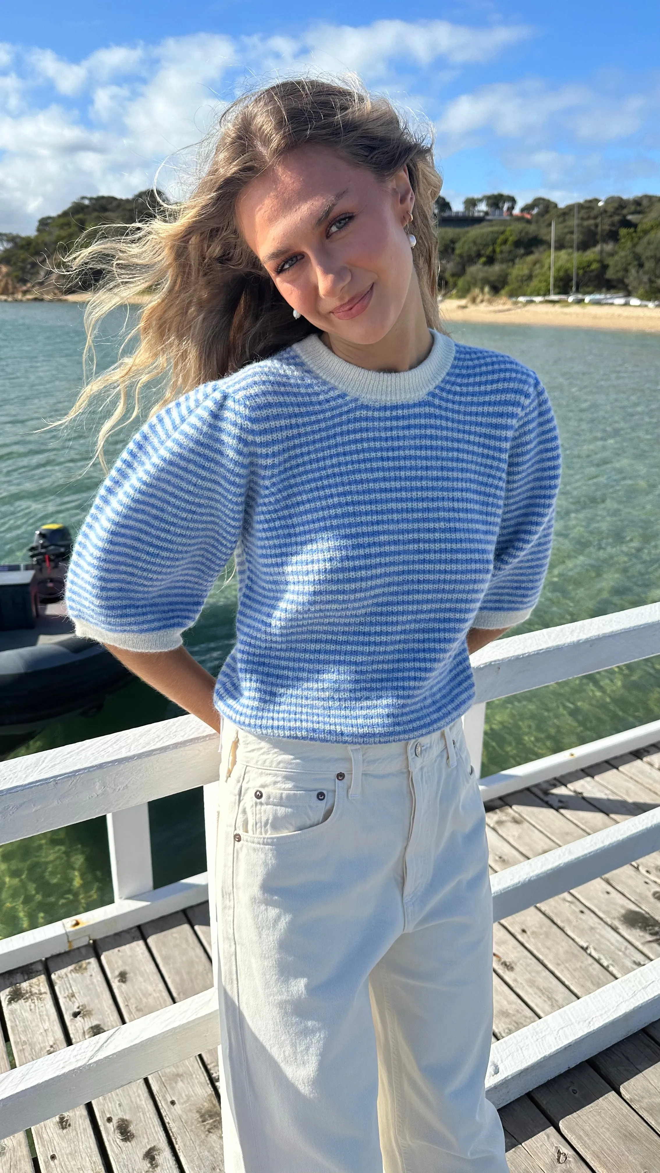 FEDERICA ALPACA PUFF SLEEVE PULLOVER - JEANS BLUE / OFF WHITE STRIPED - LES TRICOTS D'O