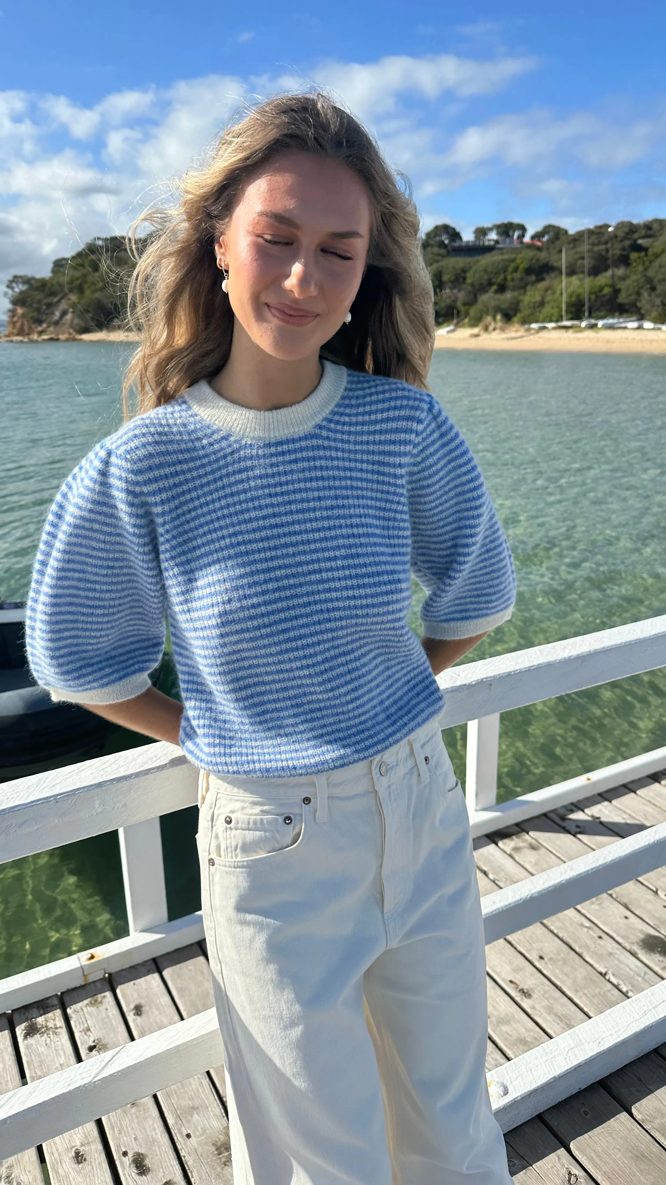 FEDERICA ALPACA PUFF SLEEVE PULLOVER - JEANS BLUE / OFF WHITE STRIPED - LES TRICOTS D'O