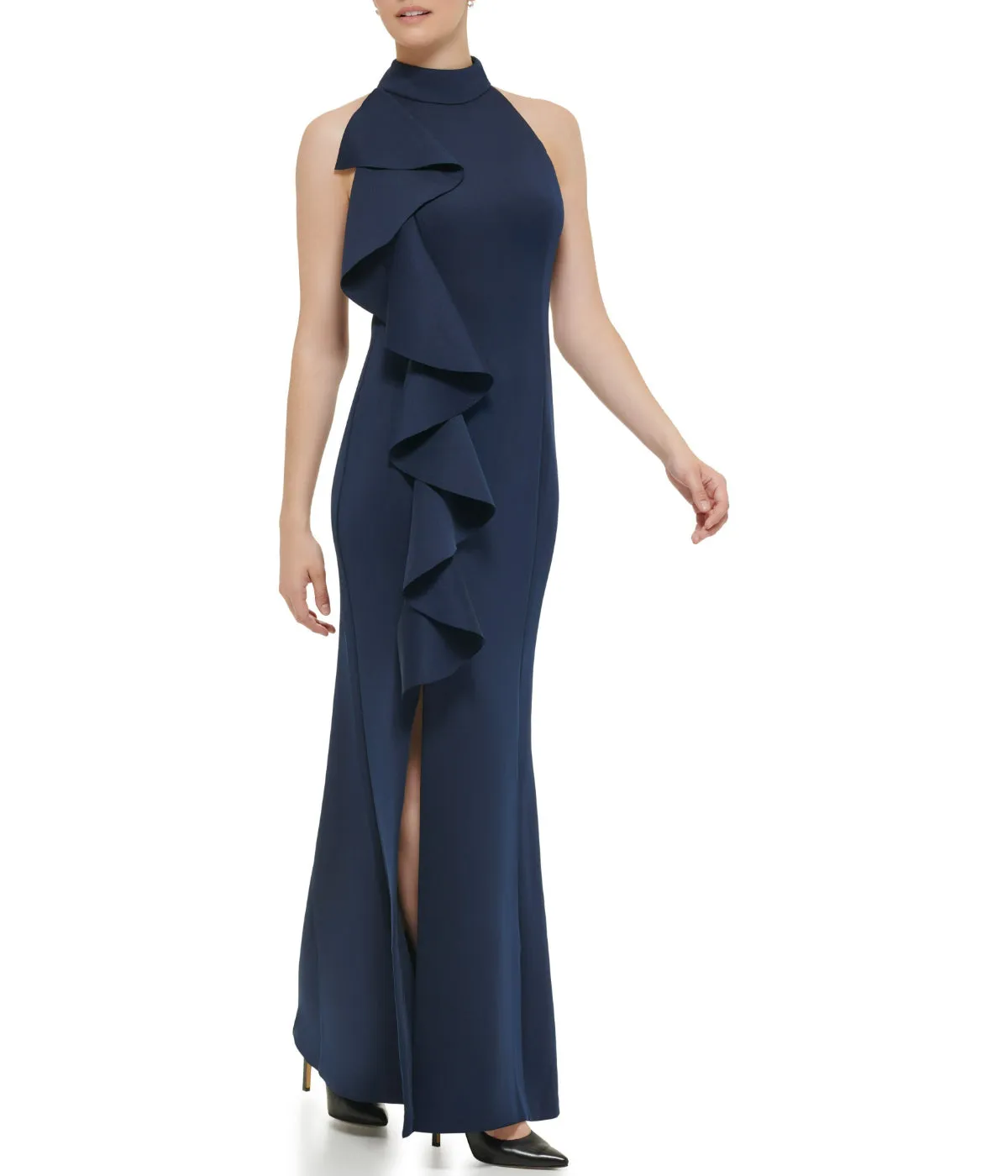 Flash Sale 1Pc Sleeveless Mock Neck Cascade Ruffle Gown W/ Slit At Hem Navy  Last Few Pieces!
