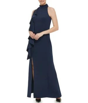Flash Sale 1Pc Sleeveless Mock Neck Cascade Ruffle Gown W/ Slit At Hem Navy  Last Few Pieces!