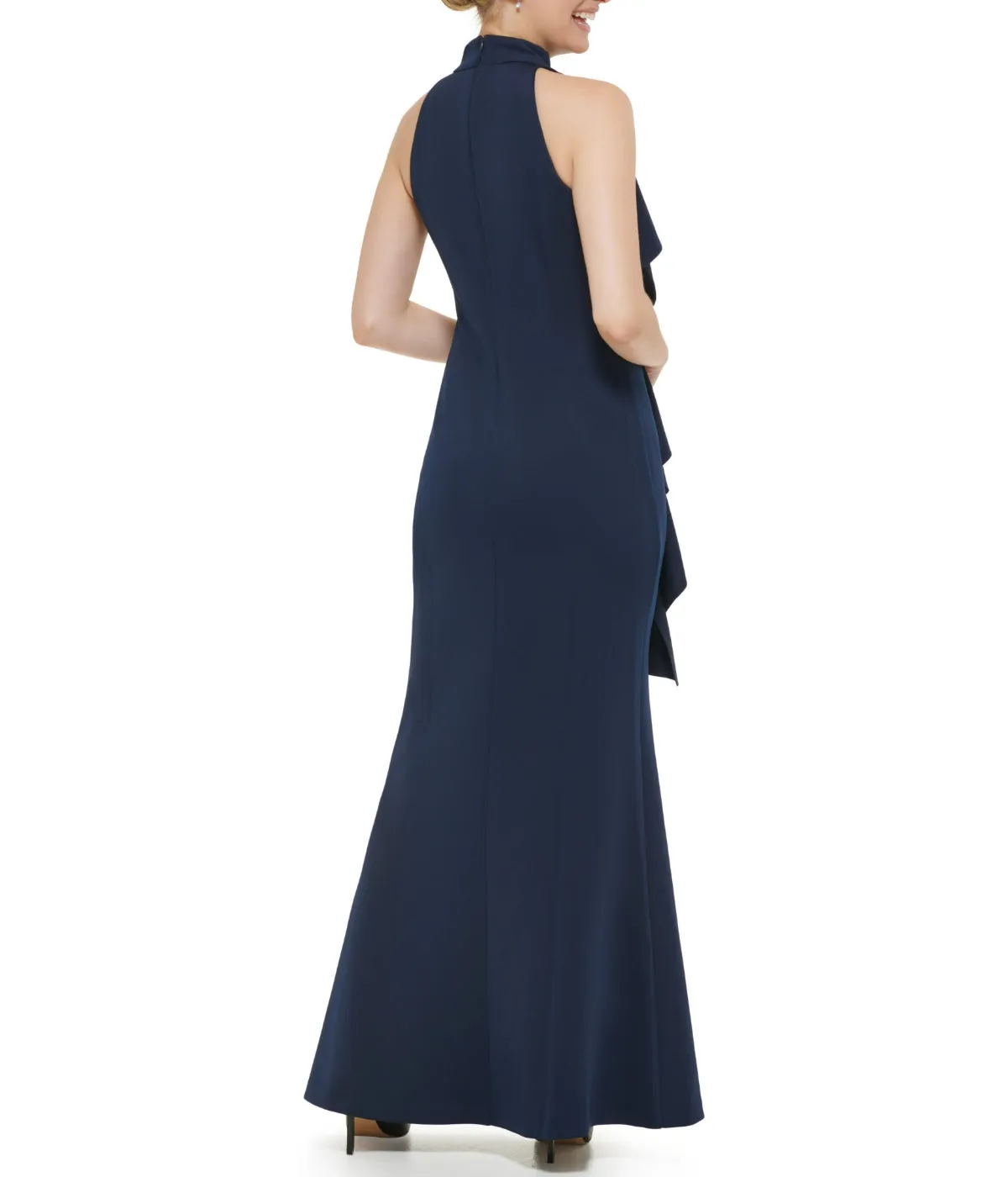 Flash Sale 1Pc Sleeveless Mock Neck Cascade Ruffle Gown W/ Slit At Hem Navy  Last Few Pieces!