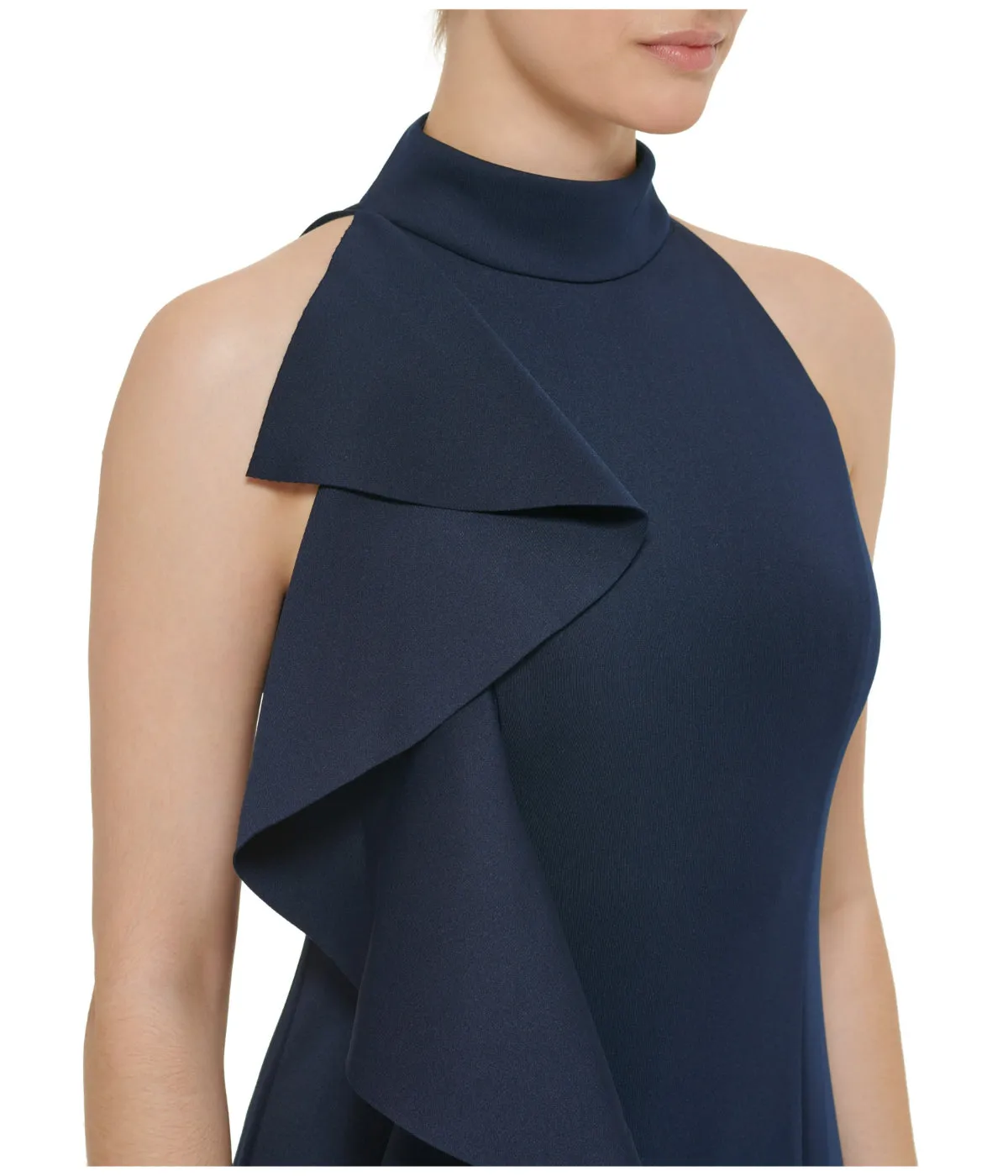 Flash Sale 1Pc Sleeveless Mock Neck Cascade Ruffle Gown W/ Slit At Hem Navy  Last Few Pieces!