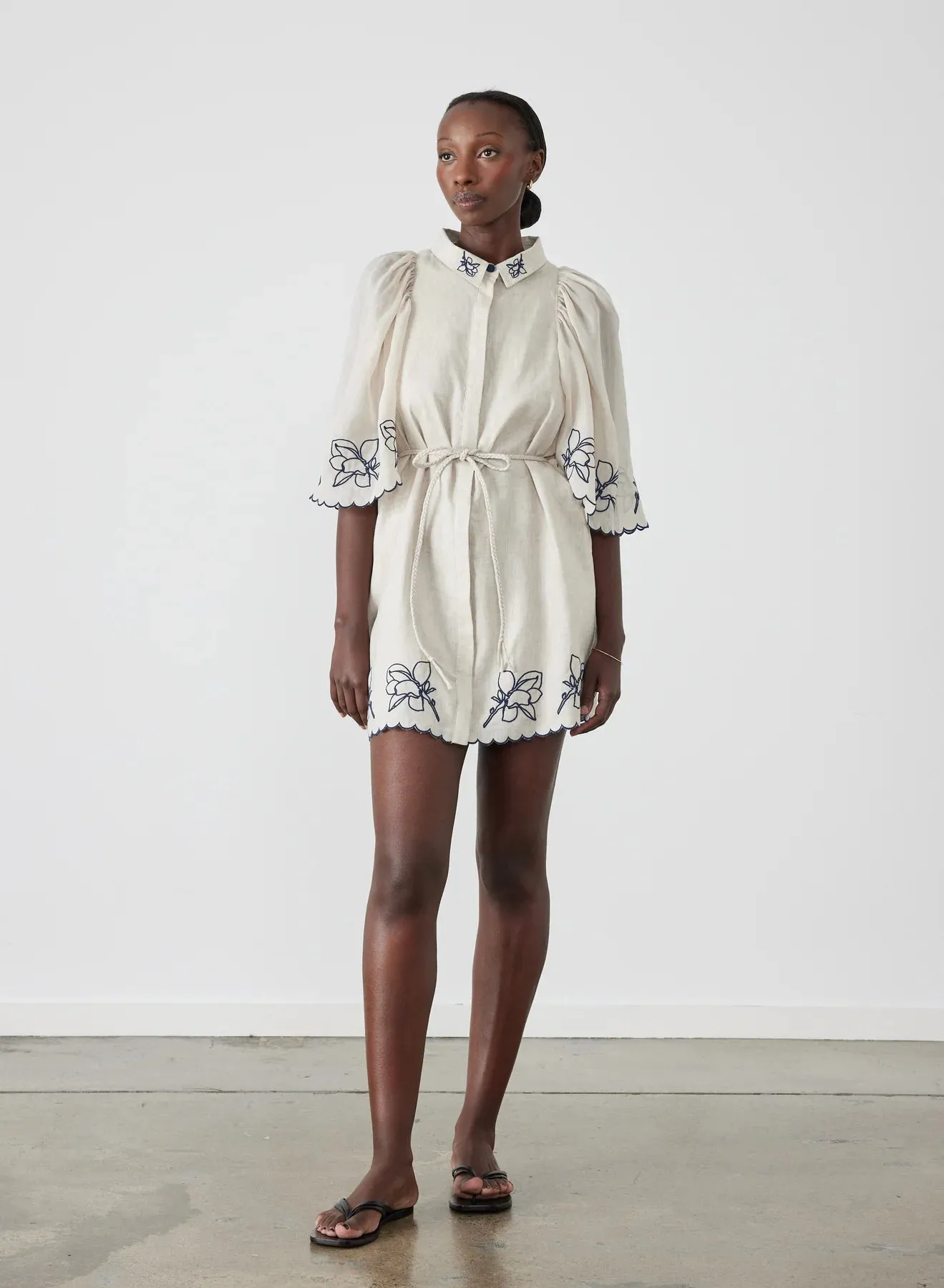 HATTIE LINEN RAMIE EMBROIDERY MINI SMOCK SHIRT DRESS - FLAX NAVY - JOSLIN STUDIO