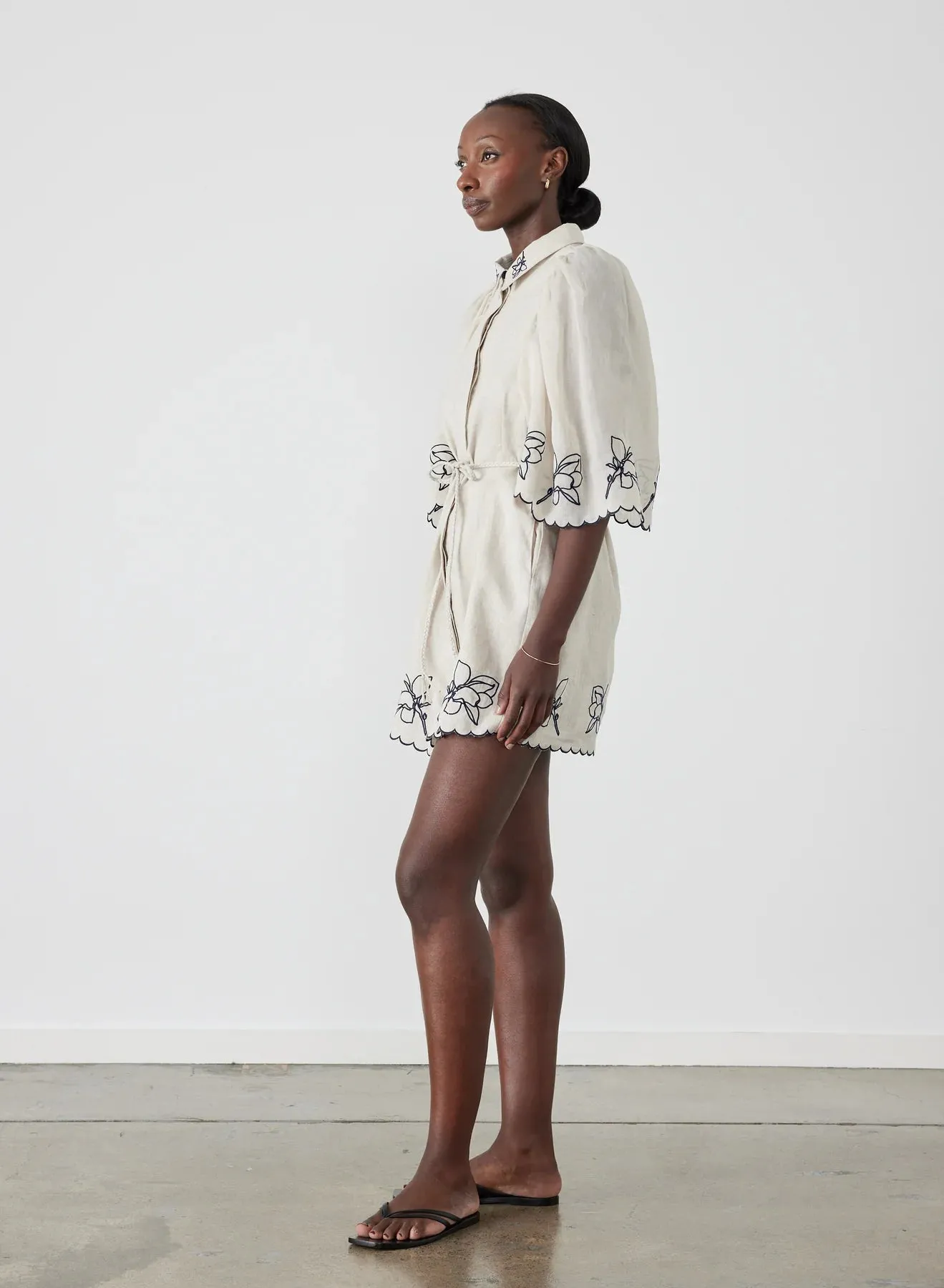 HATTIE LINEN RAMIE EMBROIDERY MINI SMOCK SHIRT DRESS - FLAX NAVY - JOSLIN STUDIO