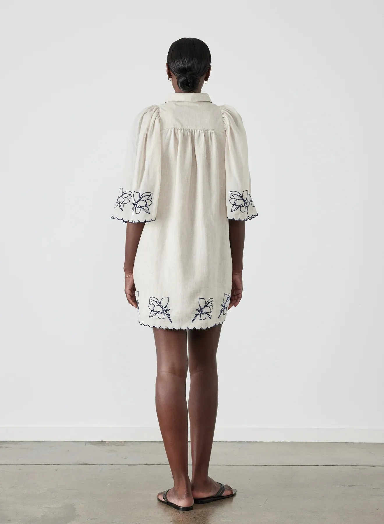 HATTIE LINEN RAMIE EMBROIDERY MINI SMOCK SHIRT DRESS - FLAX NAVY - JOSLIN STUDIO