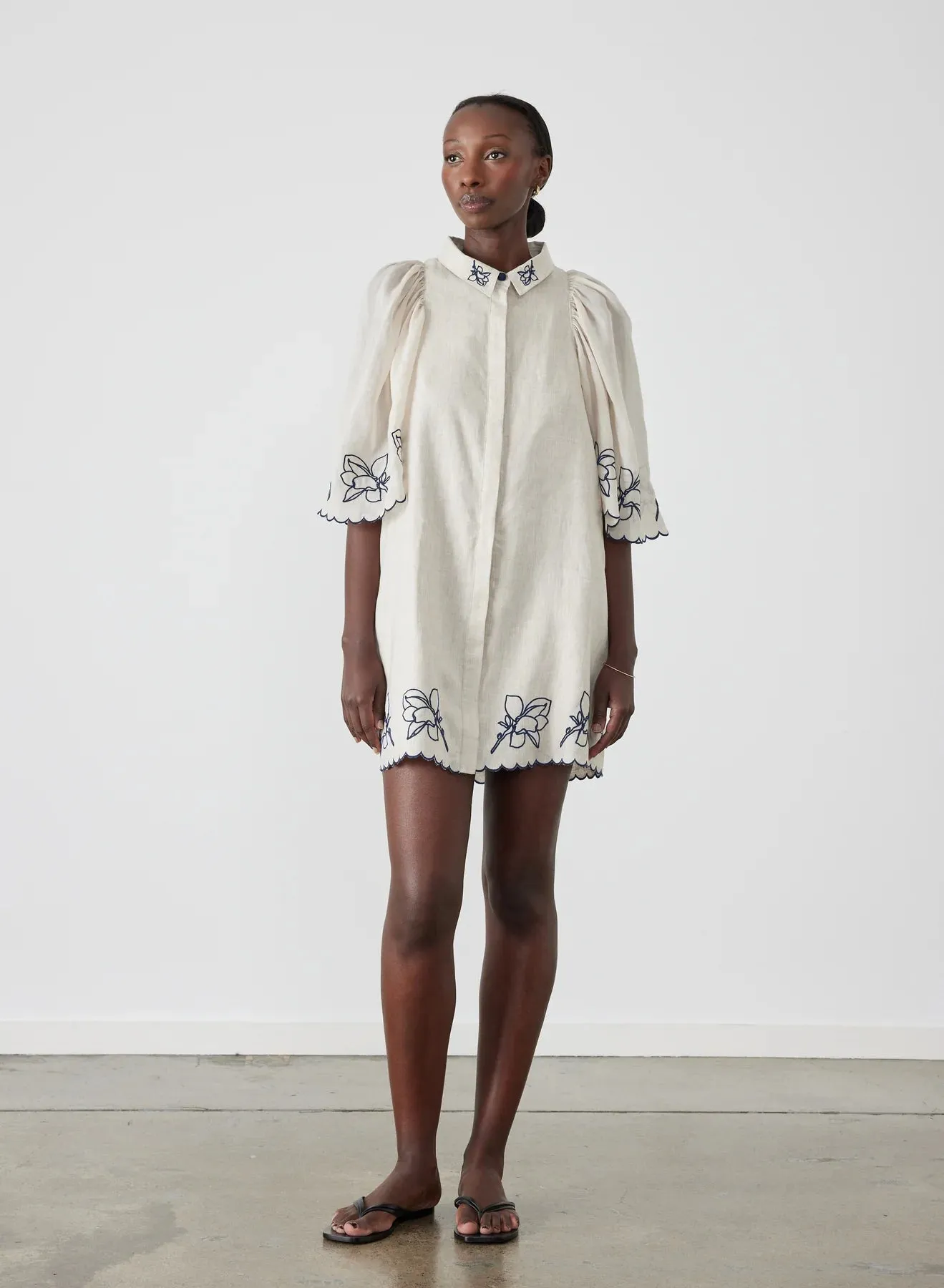 HATTIE LINEN RAMIE EMBROIDERY MINI SMOCK SHIRT DRESS - FLAX NAVY - JOSLIN STUDIO