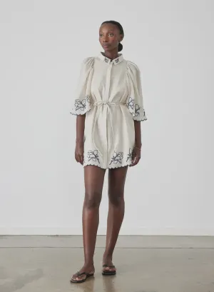 HATTIE LINEN RAMIE EMBROIDERY MINI SMOCK SHIRT DRESS - FLAX NAVY - JOSLIN STUDIO