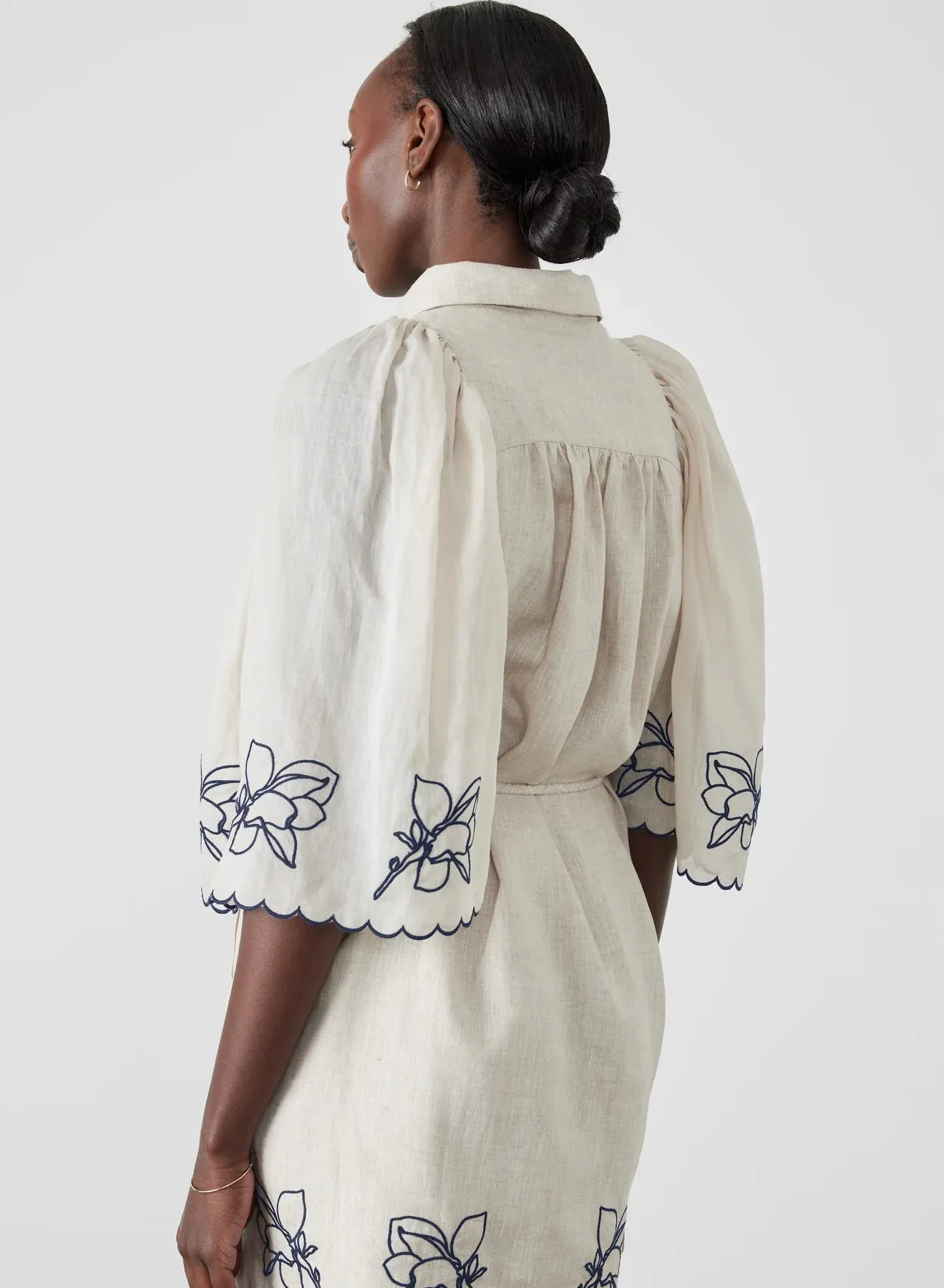 HATTIE LINEN RAMIE EMBROIDERY MINI SMOCK SHIRT DRESS - FLAX NAVY - JOSLIN STUDIO