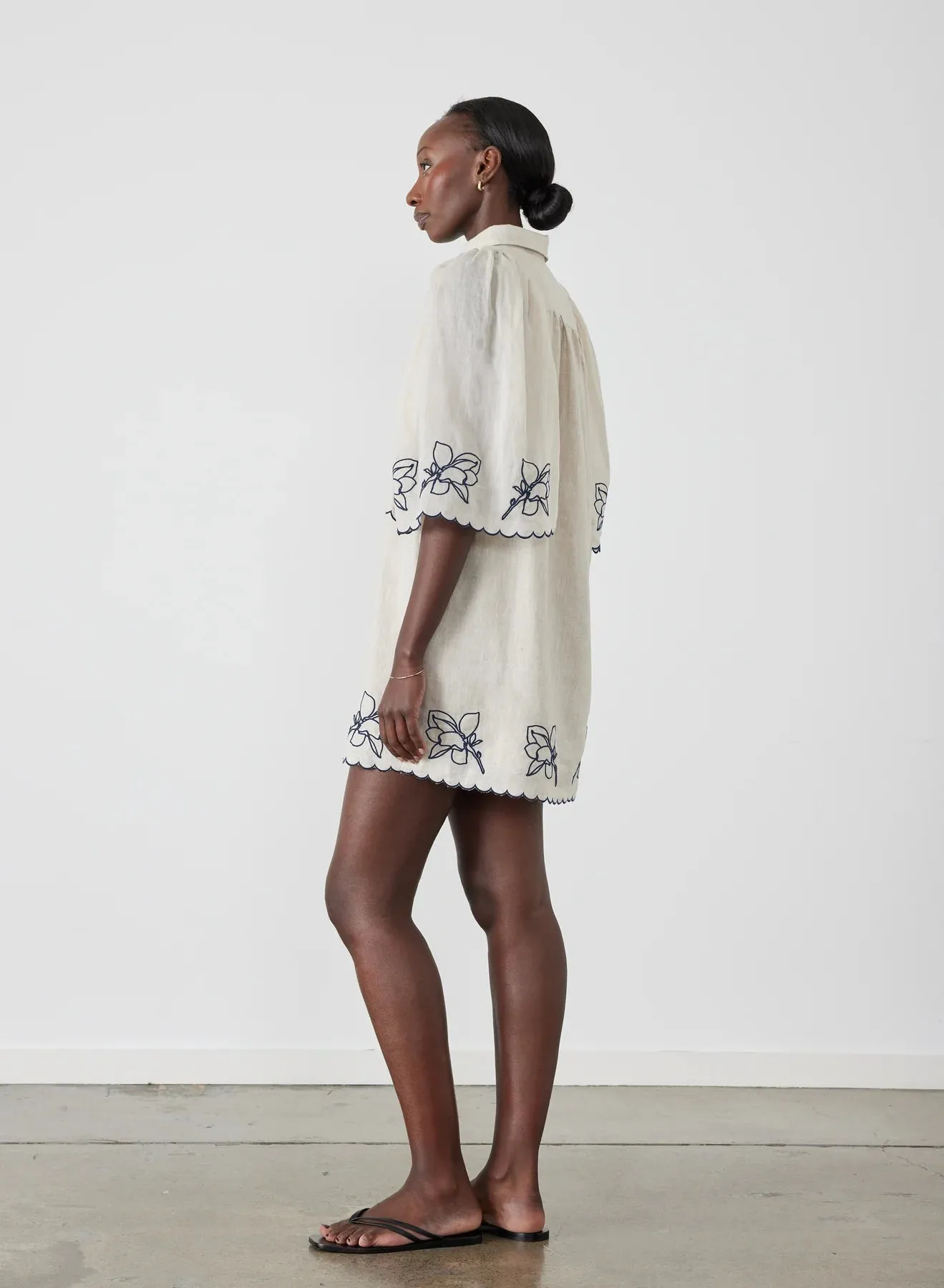 HATTIE LINEN RAMIE EMBROIDERY MINI SMOCK SHIRT DRESS - FLAX NAVY - JOSLIN STUDIO