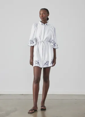 HATTIE LINEN RAMIE EMBROIDERY MINI SMOCK SHIRT DRESS - WHITE / NAVY - JOSLIN STUDIO