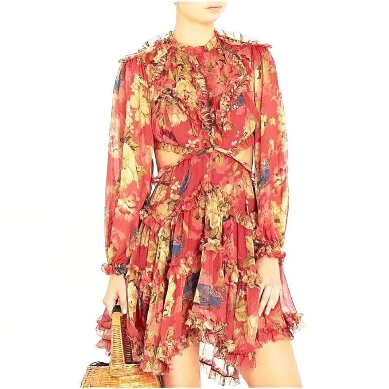 Holiday Flower Print Backless Fashion Silk Runway Mini Dress