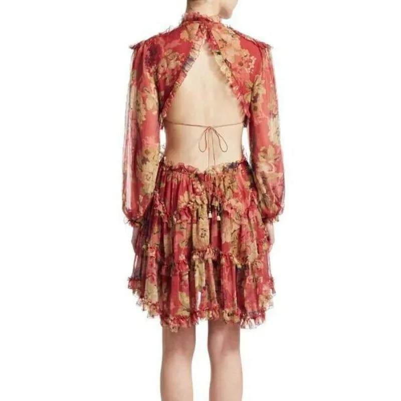 Holiday Flower Print Backless Fashion Silk Runway Mini Dress