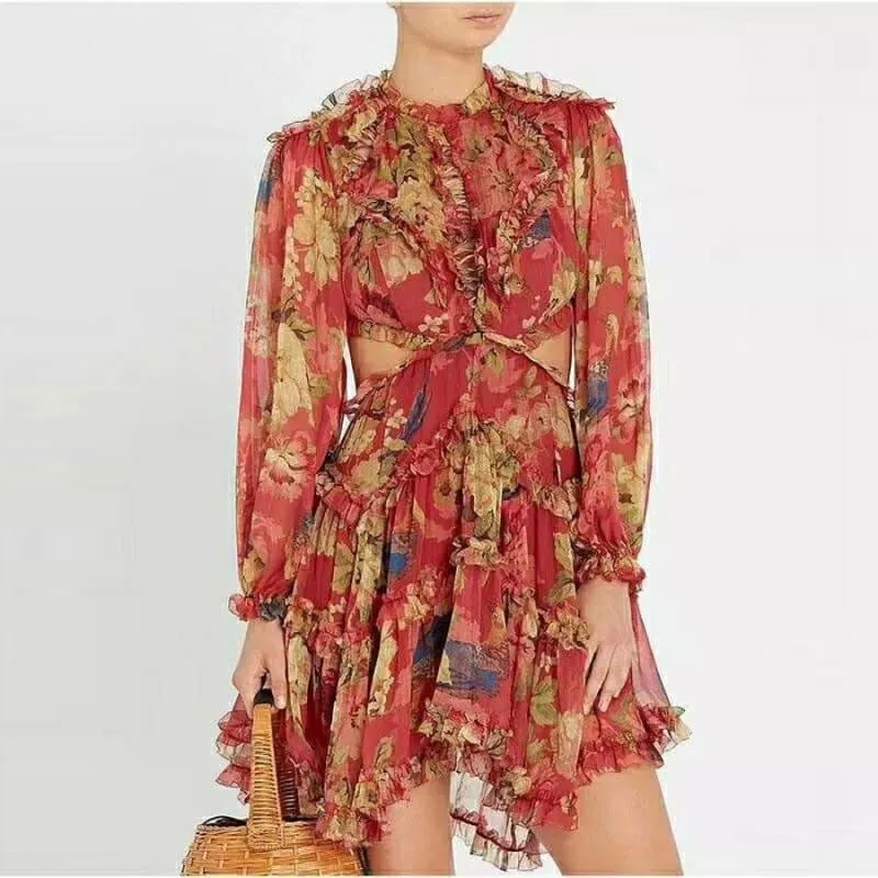 Holiday Flower Print Backless Fashion Silk Runway Mini Dress