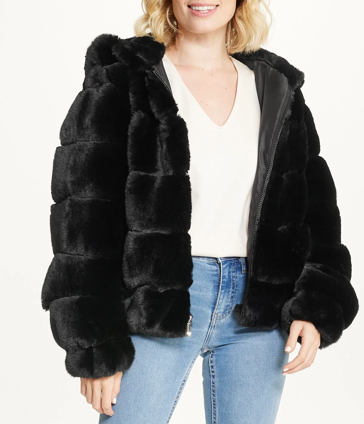 Hot Deal Short Faux Fur With Hood Black  Limited Availability!