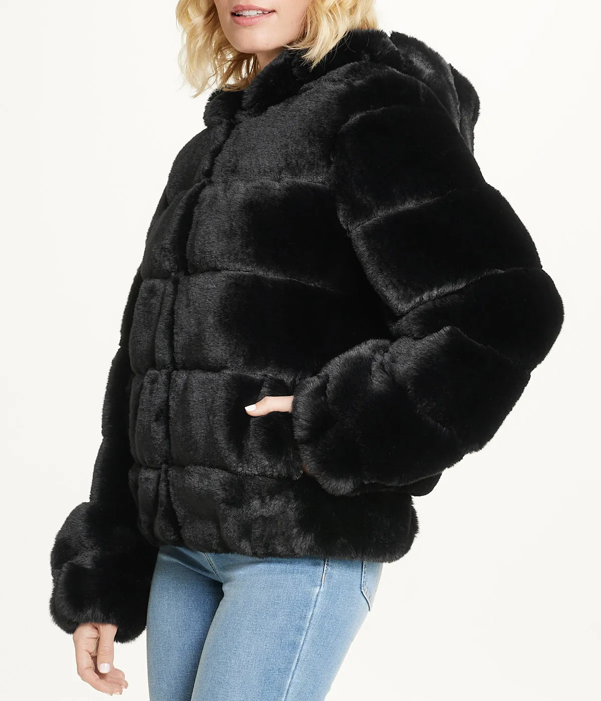 Hot Deal Short Faux Fur With Hood Black  Limited Availability!