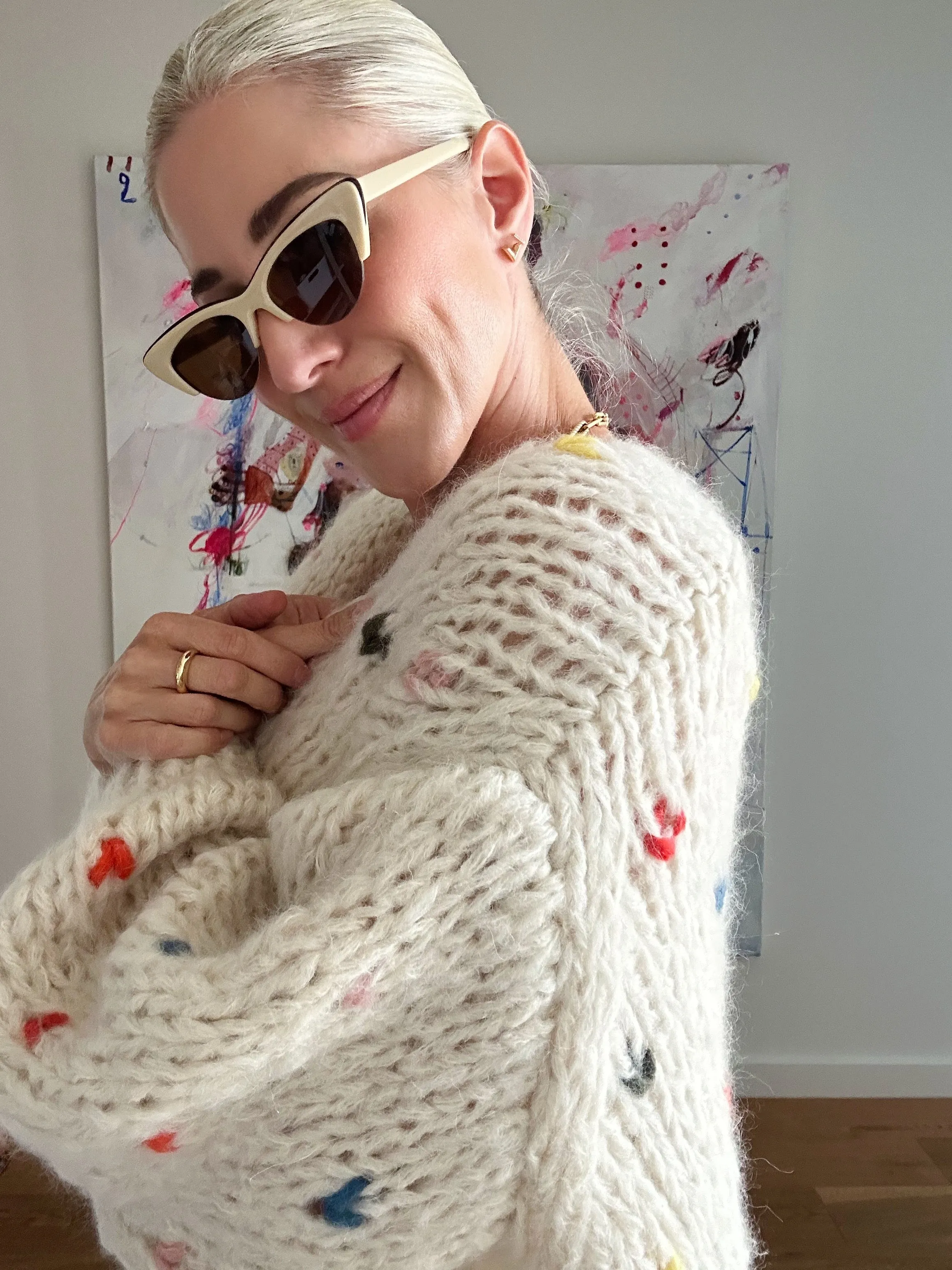 LANE CASHMERE CARDIGAN SHORT - OFF WHITE COLOURED HEARTS - LES TRICOTS D'O
