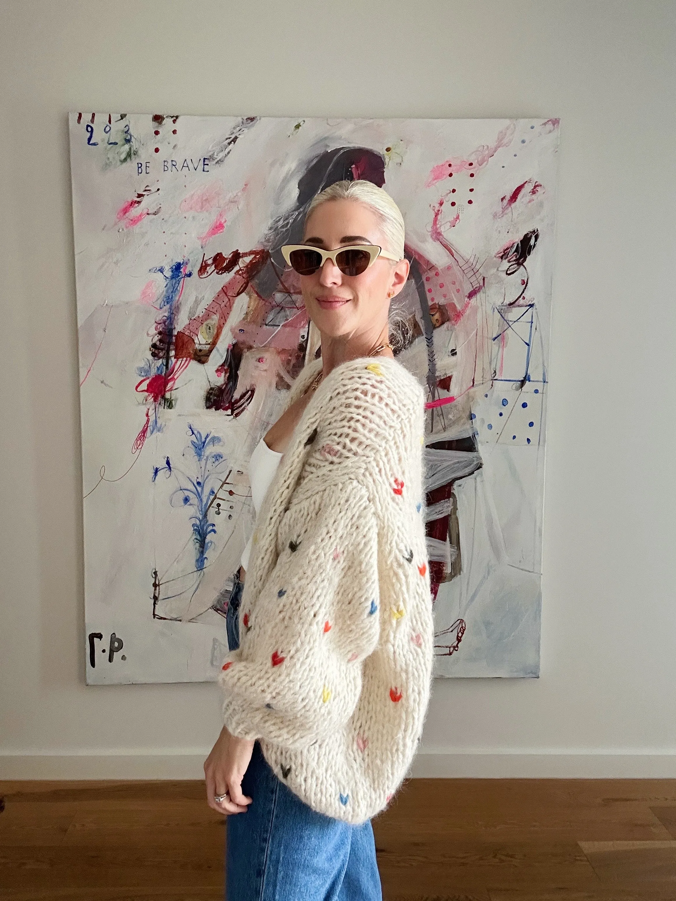 LANE CASHMERE CARDIGAN SHORT - OFF WHITE COLOURED HEARTS - LES TRICOTS D'O