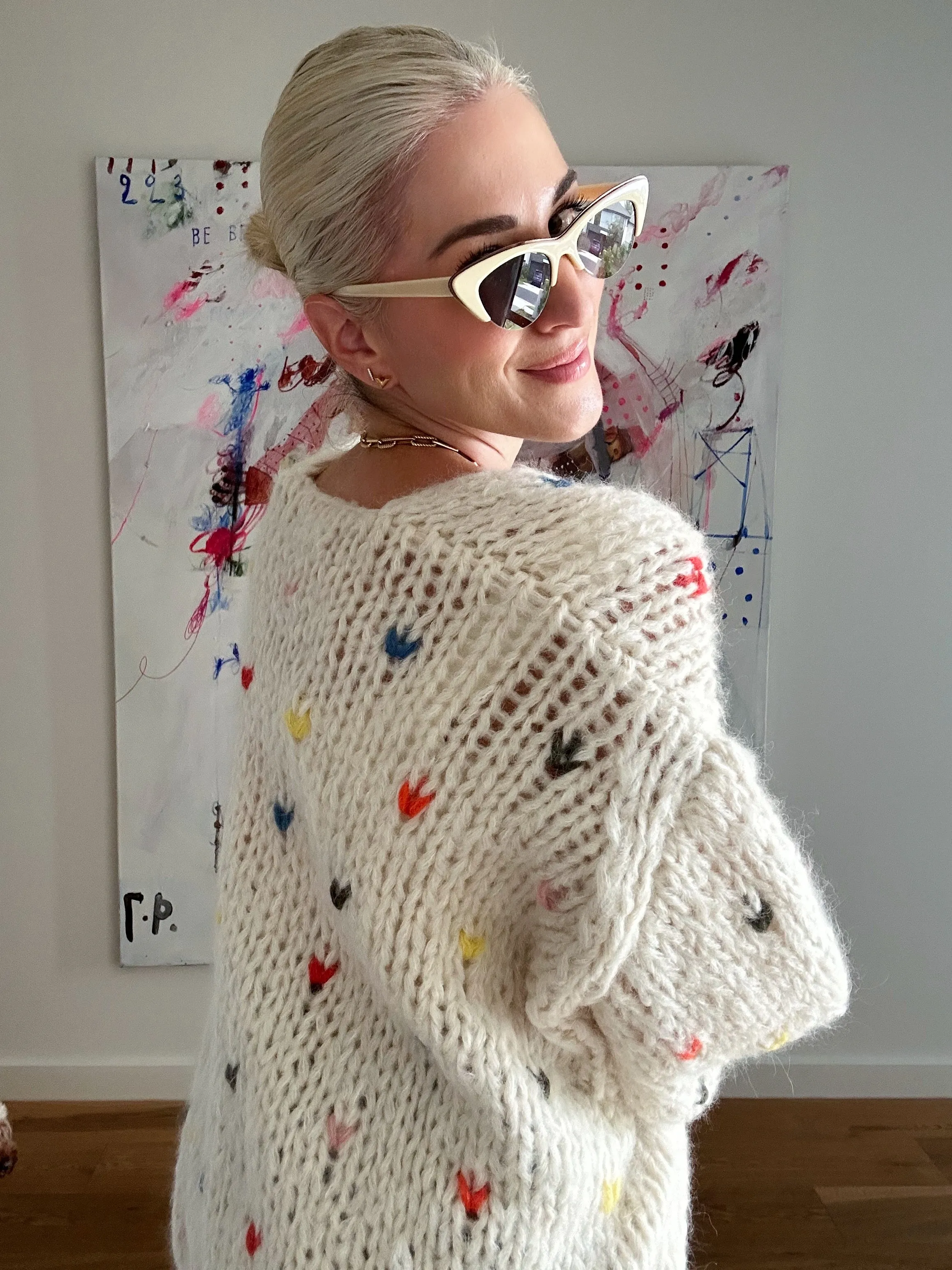 LANE CASHMERE CARDIGAN SHORT - OFF WHITE COLOURED HEARTS - LES TRICOTS D'O